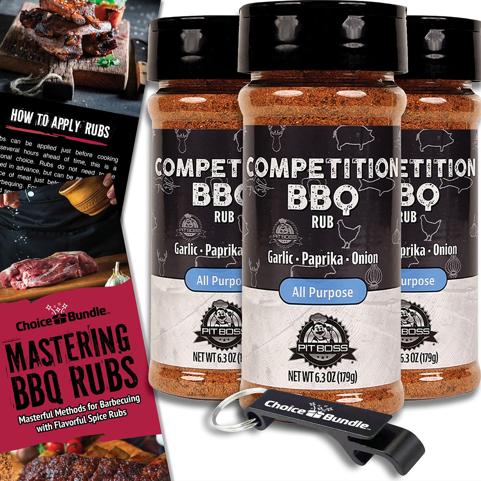 Pit Boss Competition BBQ All Purpose AP Premium Barbecue Mixed Seasoning Spice & Rub 3 pk Choice Bundle (18.9 oz) + Guide & Keychain Bottle Opener (5