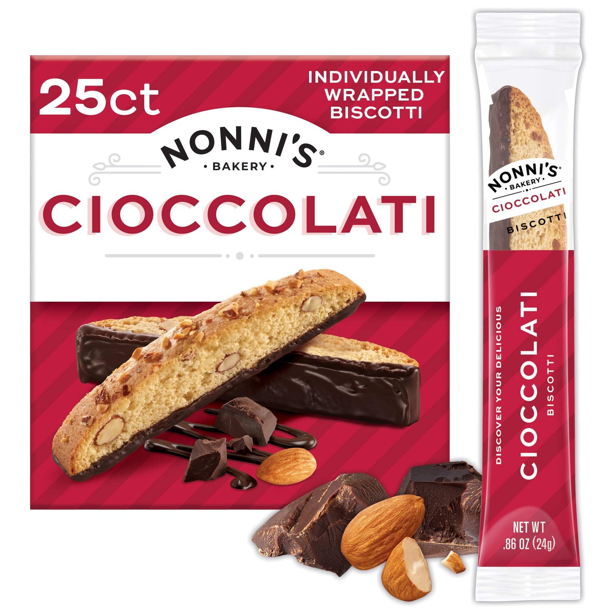 Nonni's Cioccolati Dark Chocolate Almond Biscotti Cookies - Individually Wrapped Italian Coffee Snack, Crunchy Twice-Baked, 21.5 oz Carton