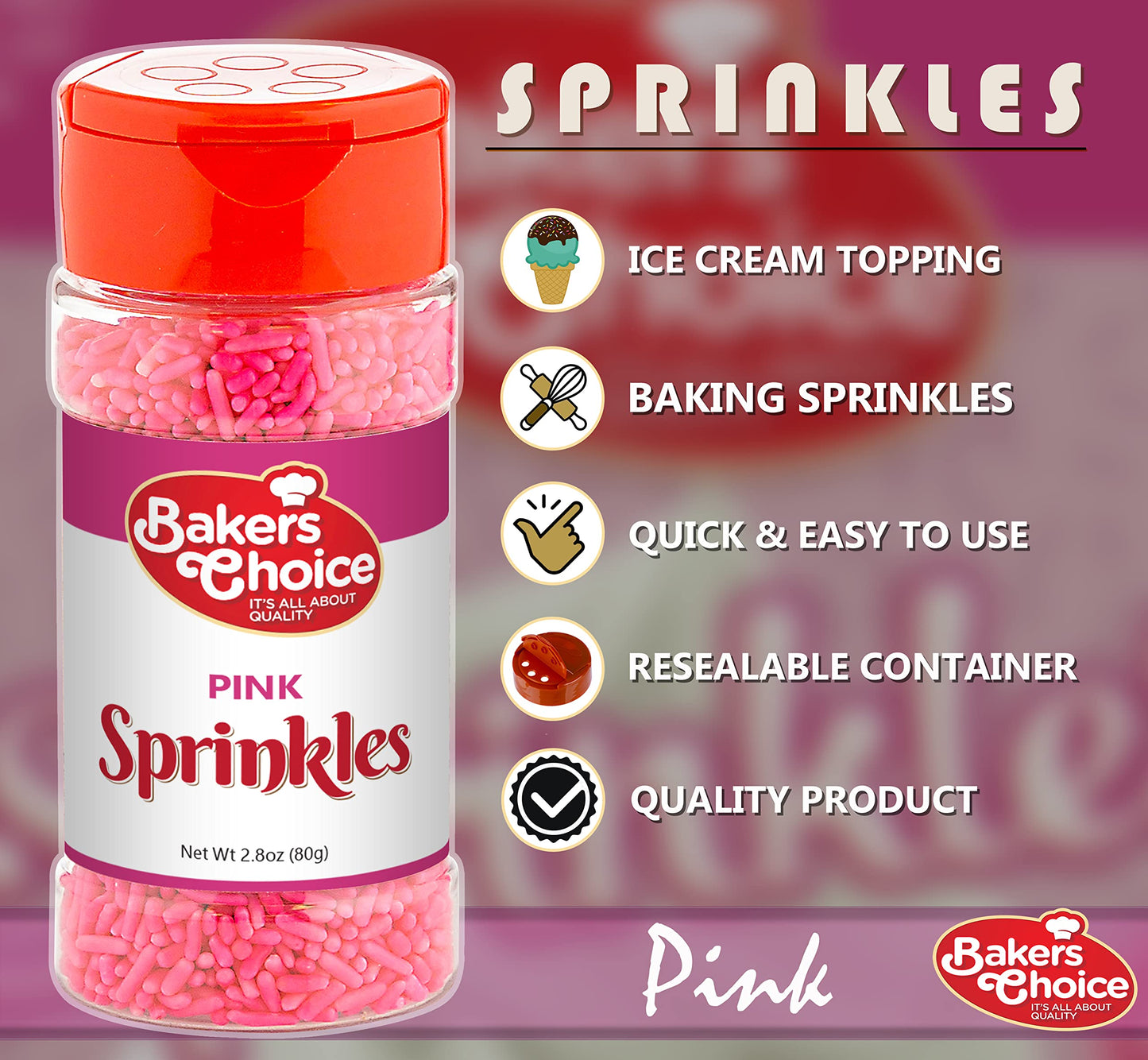 Bakers Choice Pink Sprinkles for Baking - Jimmies Sprinkles for Ice Cream Toppings - Dairy Free, Kosher 2.8 oz