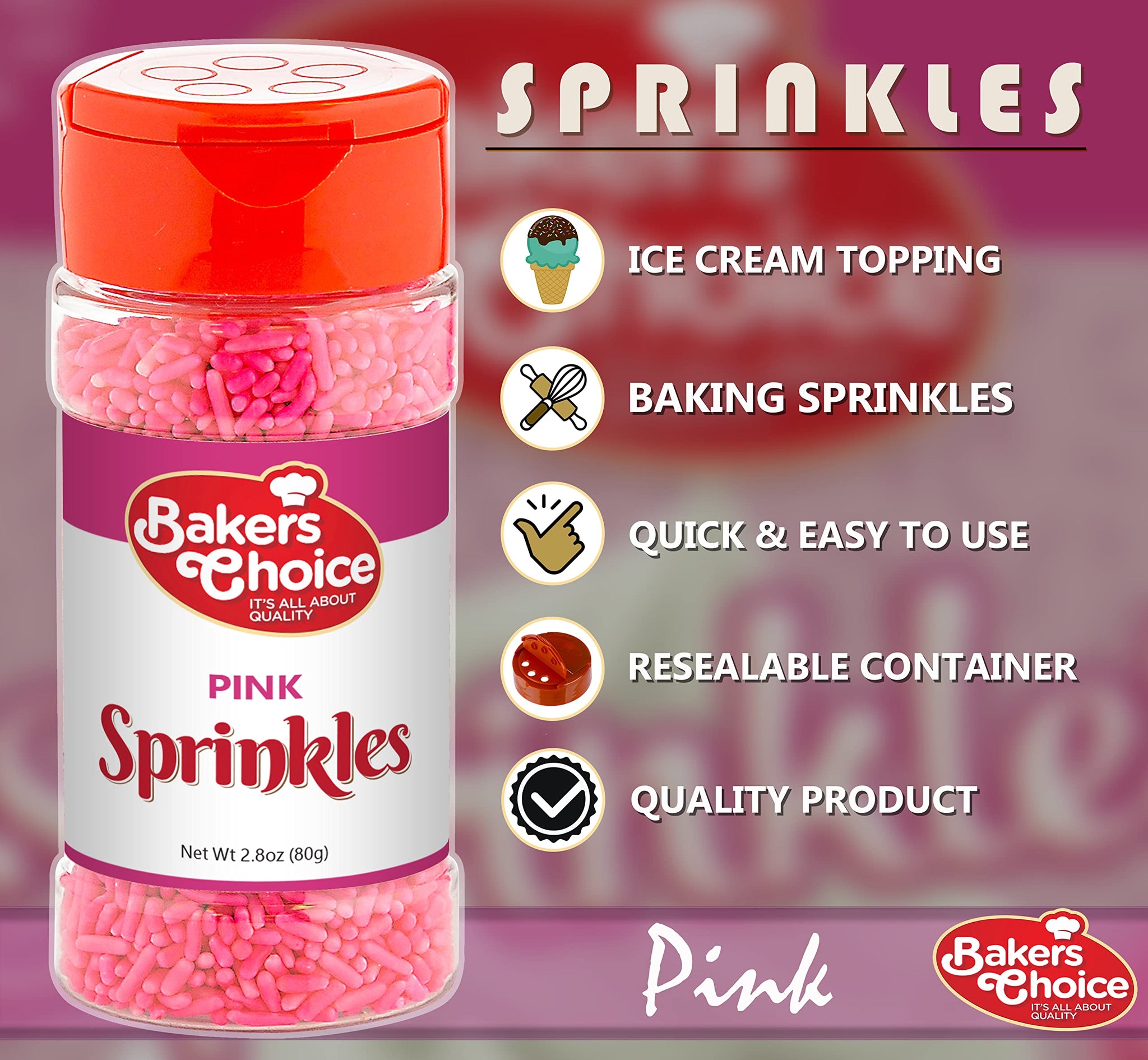 Bakers Choice Pink Sprinkles for Baking - Jimmies Sprinkles for Ice Cream Toppings - Dairy Free, Kosher 2.8 oz