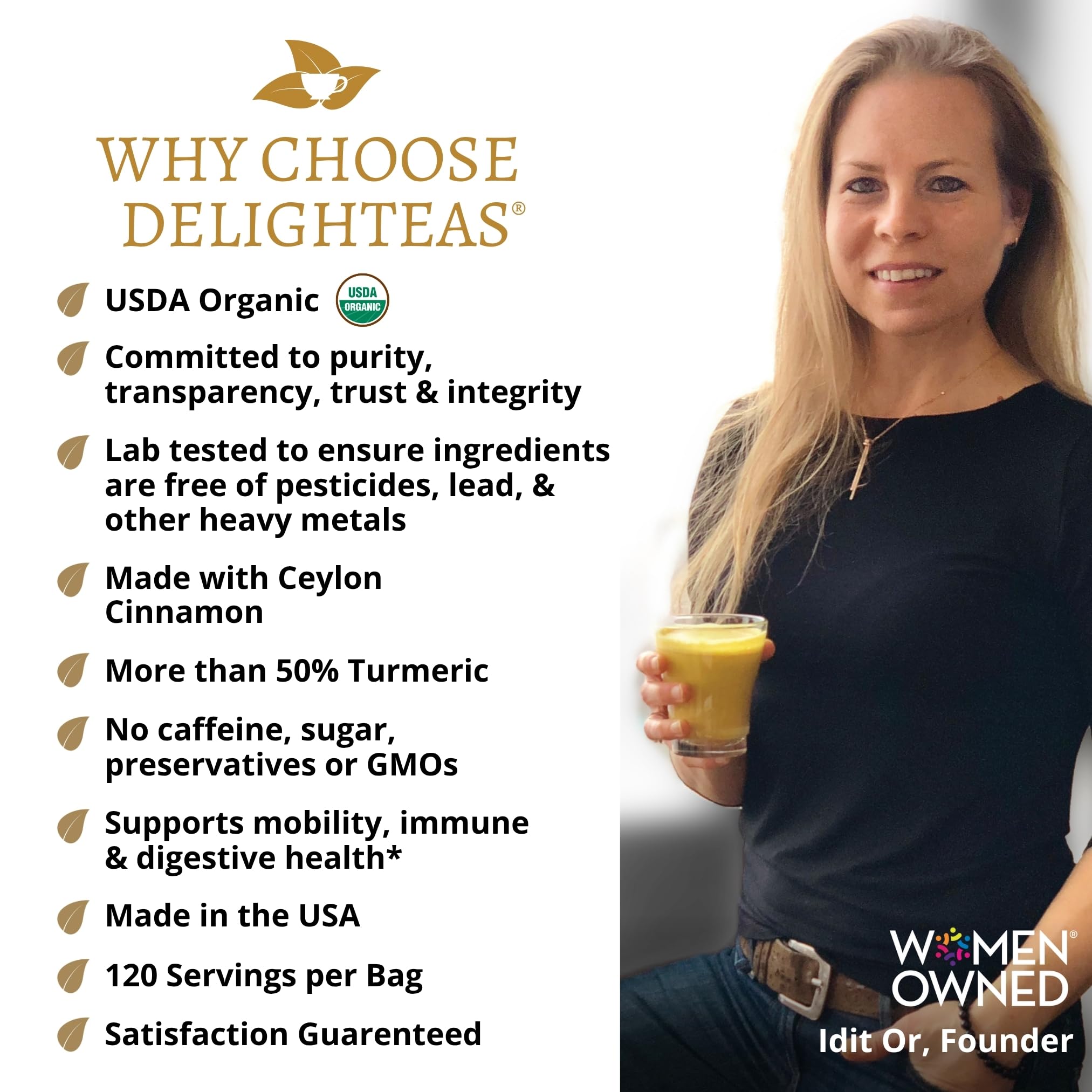 DelighTeas Organic Golden Milk Powder with Turmeric, Ginger, Ceylon Cinnamon | Ayurvedic Spices for Golden Turmeric Latte | Unsweetened, Vegan