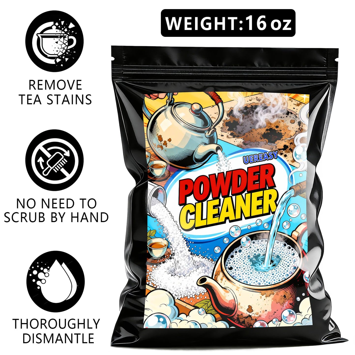 uereasy Cleaning Foam Powder for Tea Pots, Coffee Mugs, & Stainless Steel, Tea & Coffee Stain Remover, Effectively Removes Stains, Restoring a New