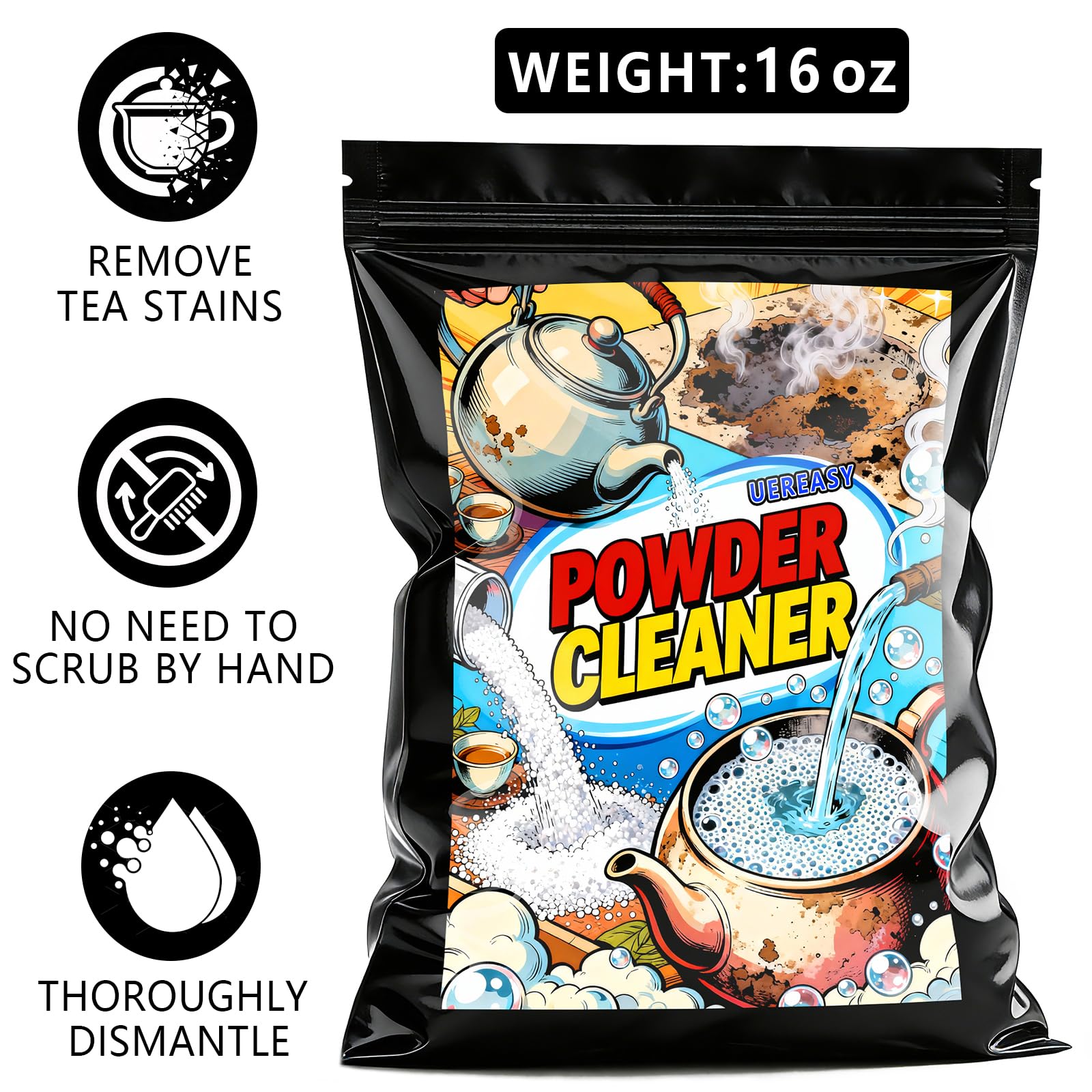 uereasy Cleaning Foam Powder for Tea Pots, Coffee Mugs, & Stainless Steel, Tea & Coffee Stain Remover, Effectively Removes Stains, Restoring a New