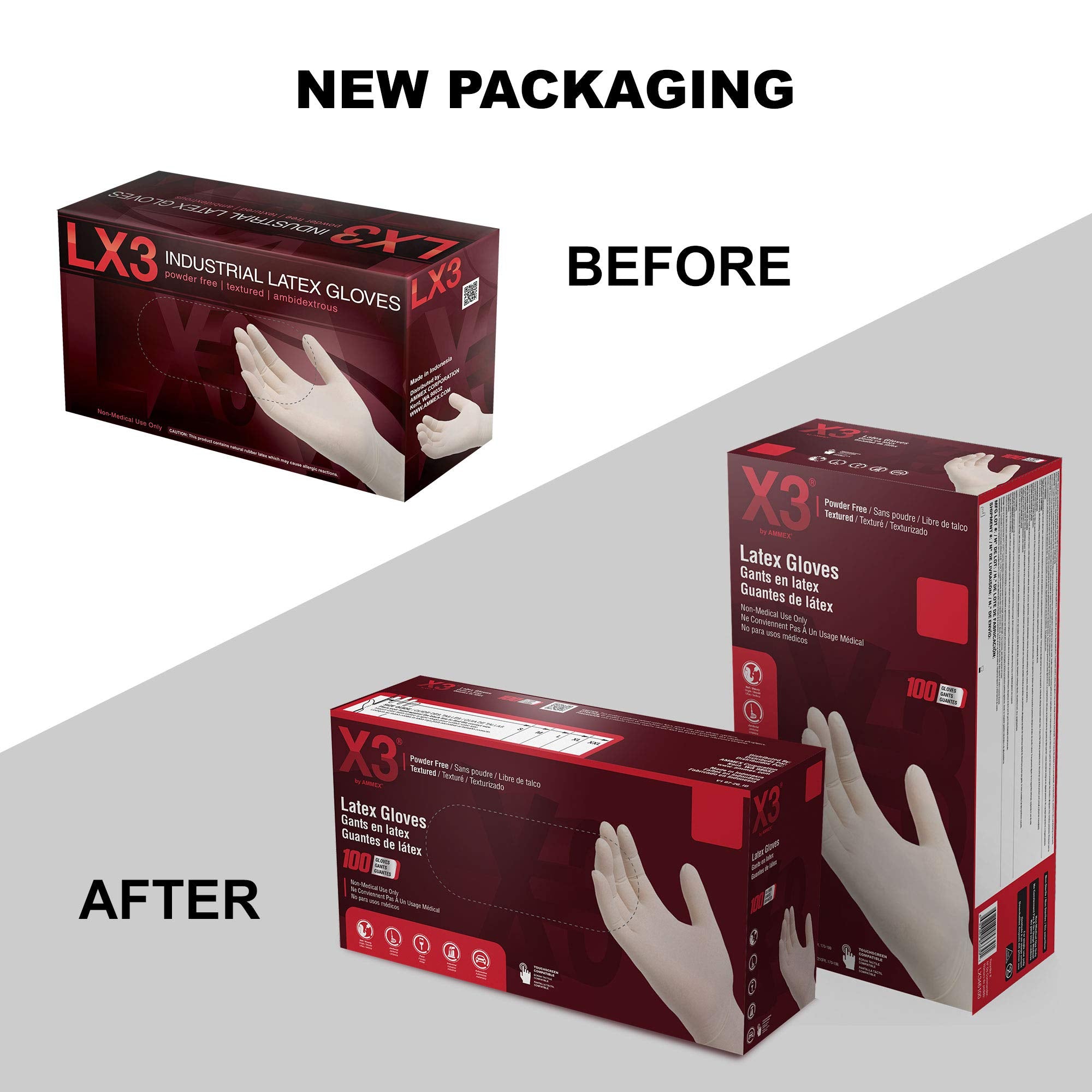 Ammex X3 Industrial Ivory Latex Gloves, Case of 1000, 3 Mil, Size Medium, Powder Free, Textured, Disposable, LX344100