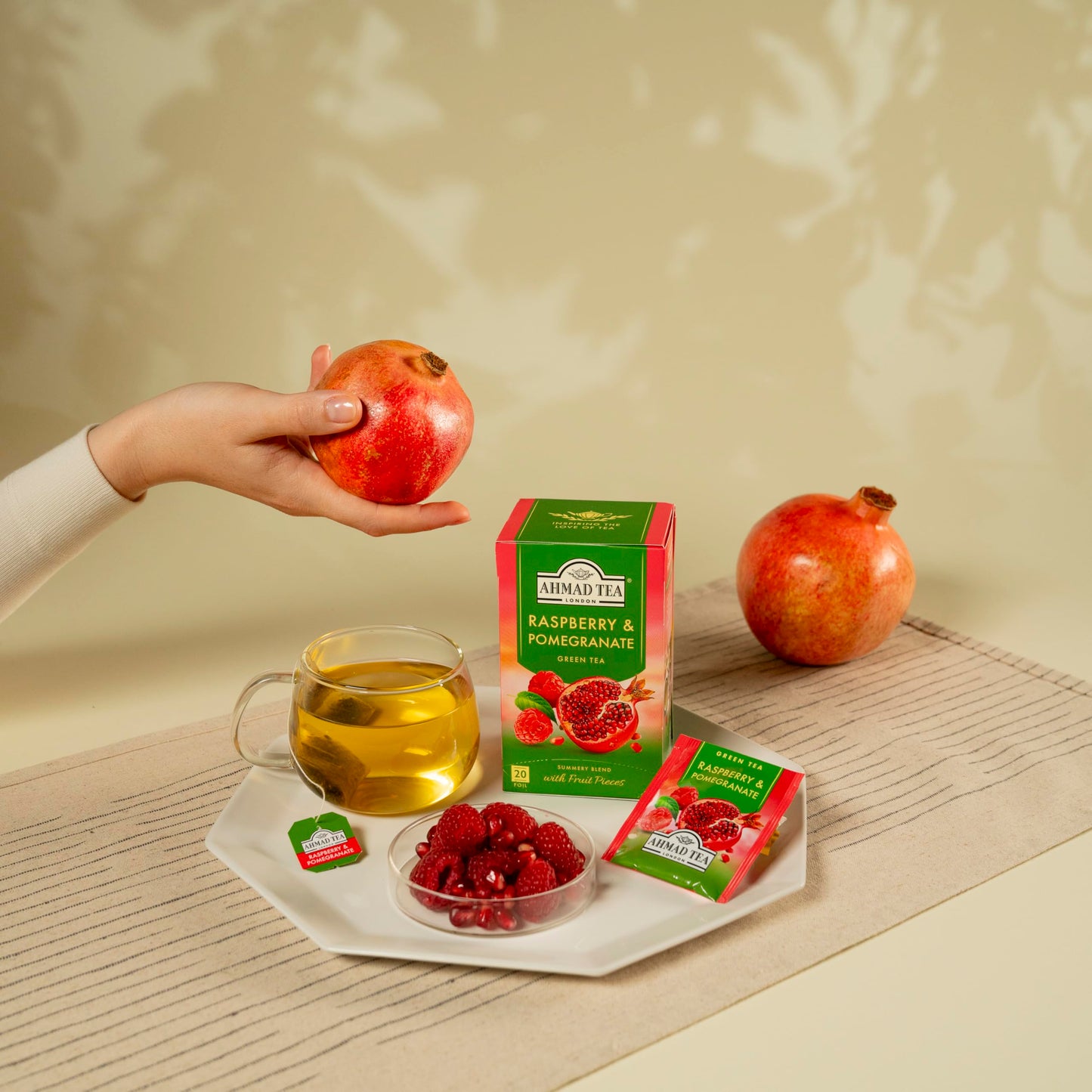 Ahmad Tea Foil-Enveloped Teabags Green Tea, Raspberry & Pomegranate, 20Count (Pack Of 6)