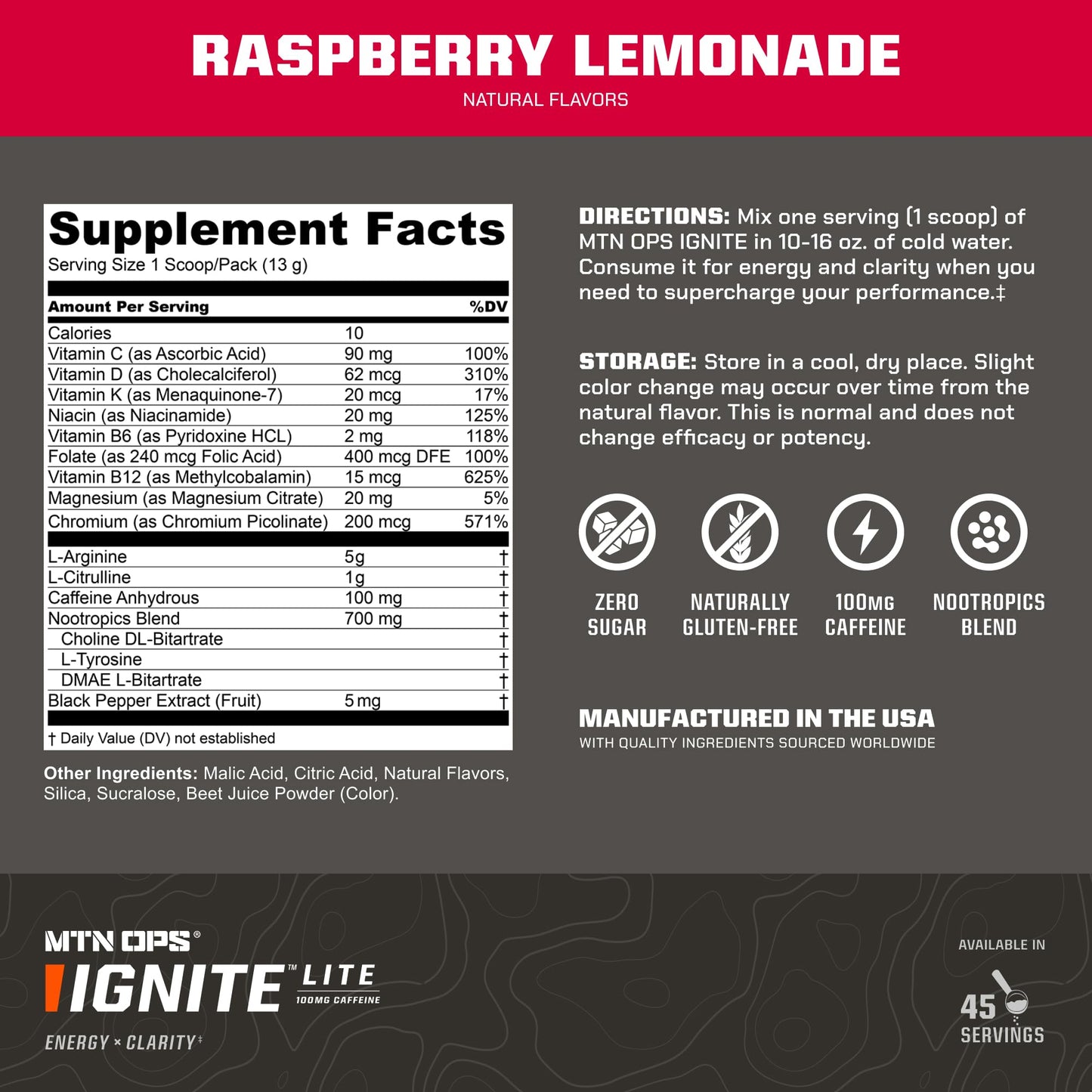MTN OPS Ignite Lite Sugar Free Energy Drink Powder with 100mg Caffeine, Nootropic Blend for Energy & Focus, L Arginine & L Citrulline for Endurance