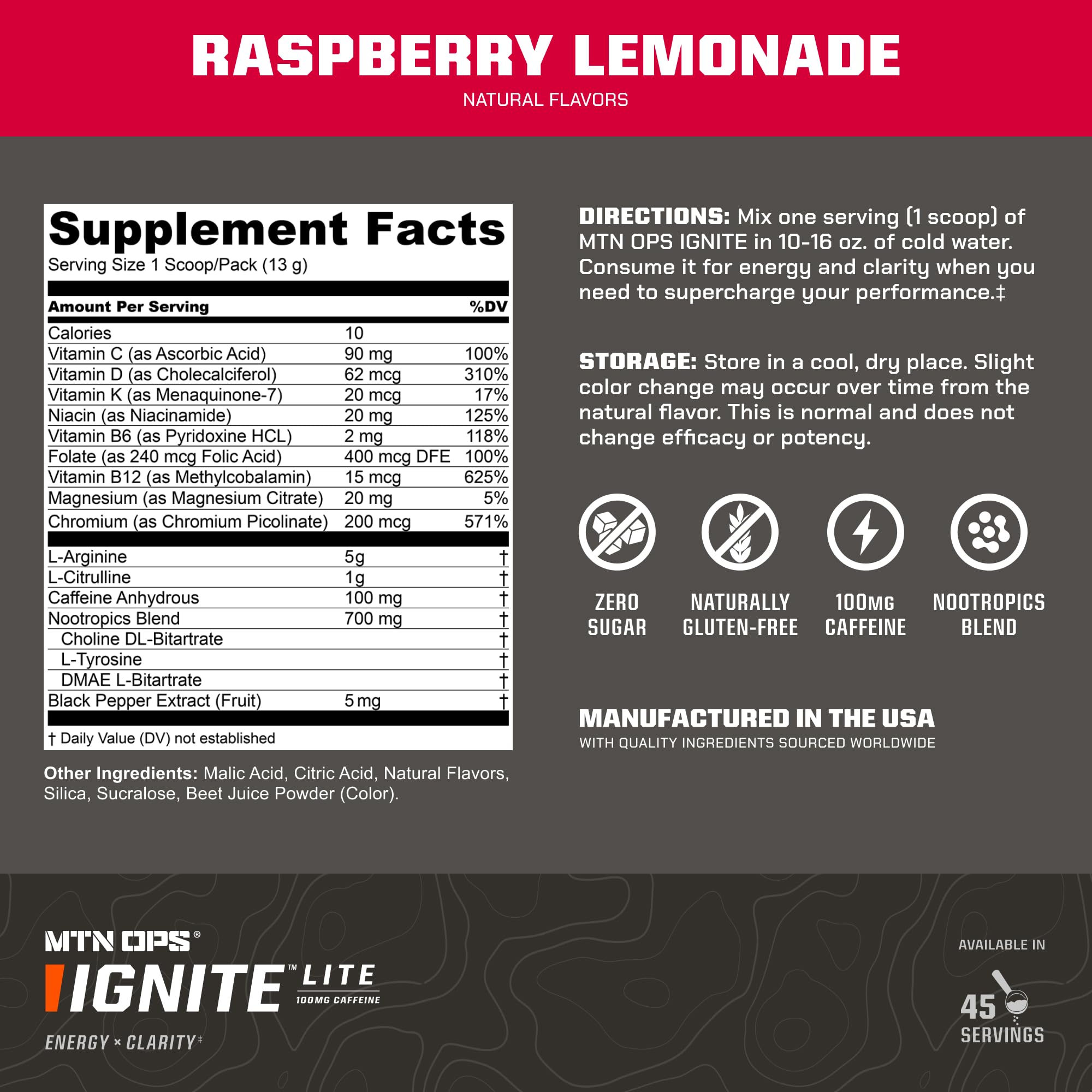 MTN OPS Ignite Lite Sugar Free Energy Drink Powder with 100mg Caffeine, Nootropic Blend for Energy & Focus, L Arginine & L Citrulline for Endurance