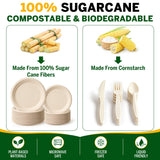 FEHHTO Compostable Paper Plates Set, 250PCS Disposable Heavy-Duty Sugarcane Plate and Eco-Friendly Utensil Biodegradable Dinnerware Plates, Extra Long