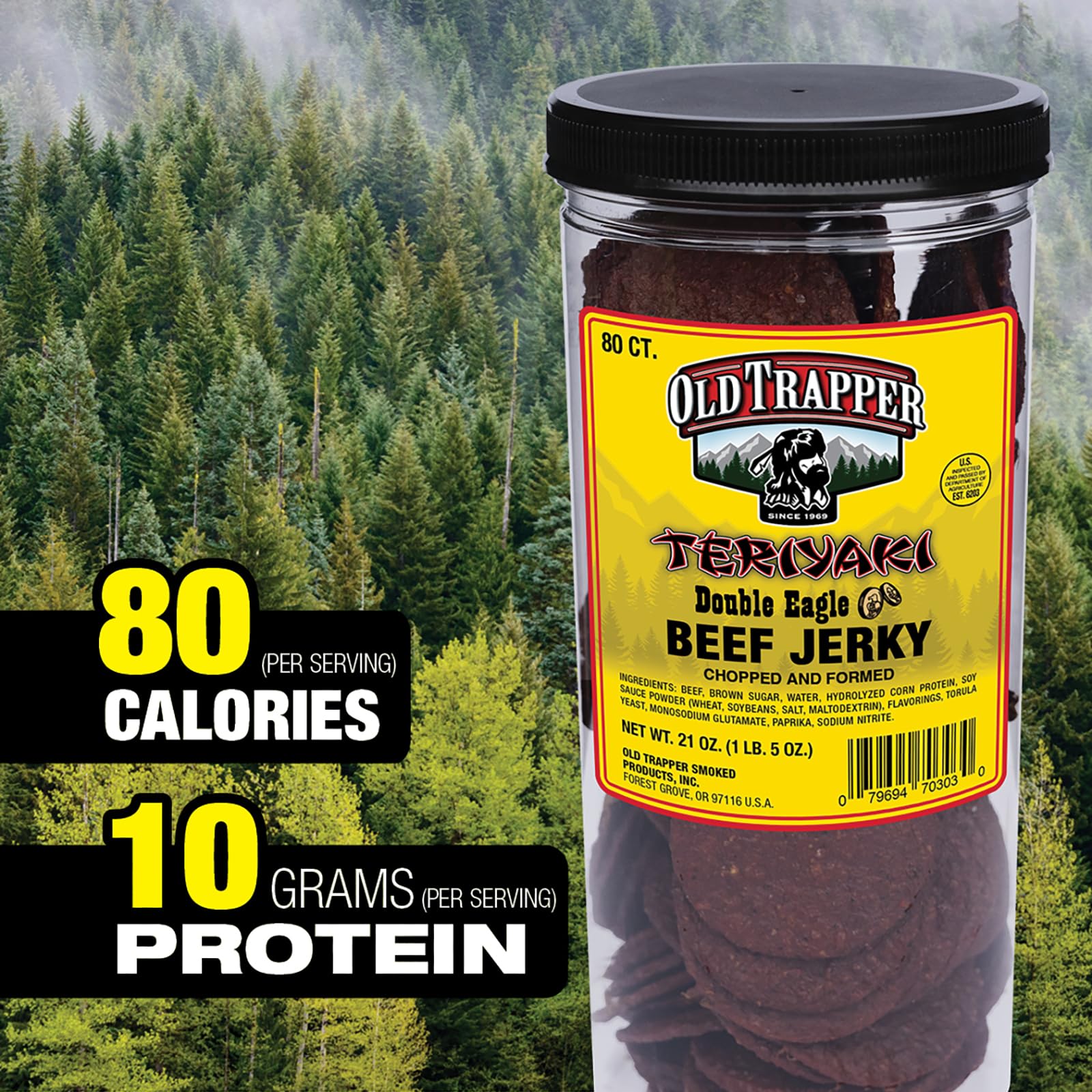 Old Trapper Double Eagle Beef Jerky, Teriyaki Flavor, 21oz. 80-Piece Jar, Natural Wood Smoked Meat Snacks, 10 Grams of Protein and 80 Calories per