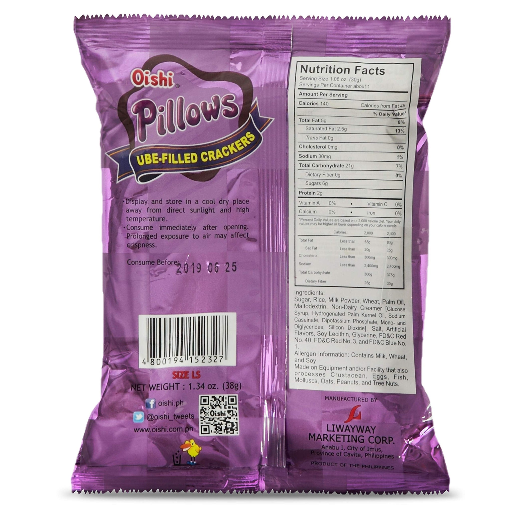 Oishi Pillows Ube Filled Crackers,1.34 Ounce Pack of 5