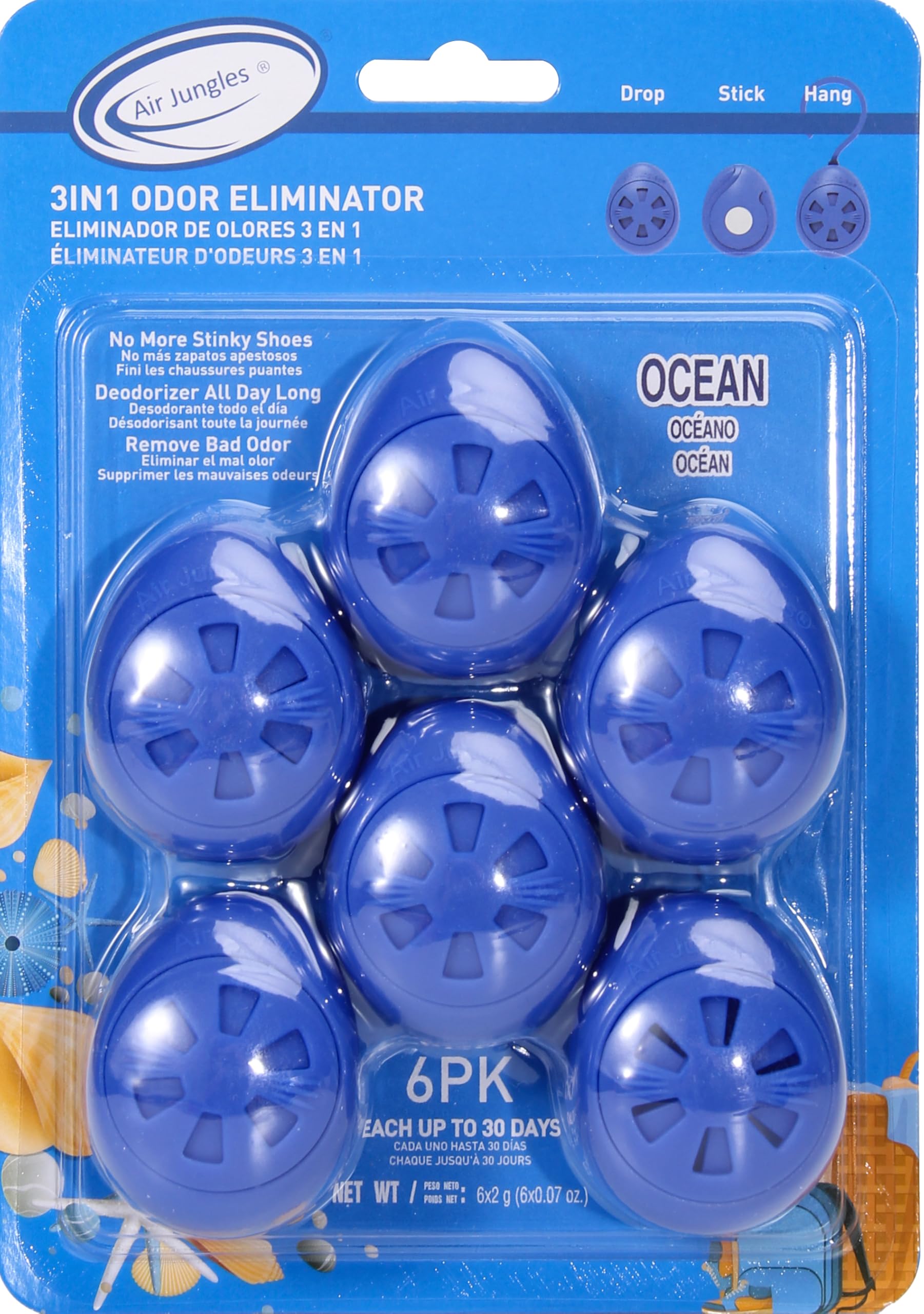 Air Jungles Shoe Deodorizer Balls 6 Ct, Ocean Scent, Odor Remover Balls for Sneakers, Gym Bags, Lockers, Closets, Hampers, and Drawers, Essential Oil
