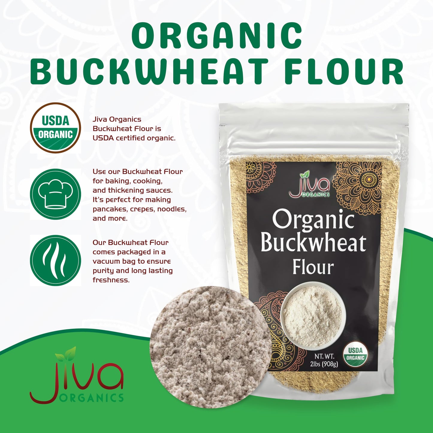 Jiva Organics Buckwheat Flour (Dark) 2 LB Bag - Vegan, Non-GMO, Kuttu, Earthy Flavor