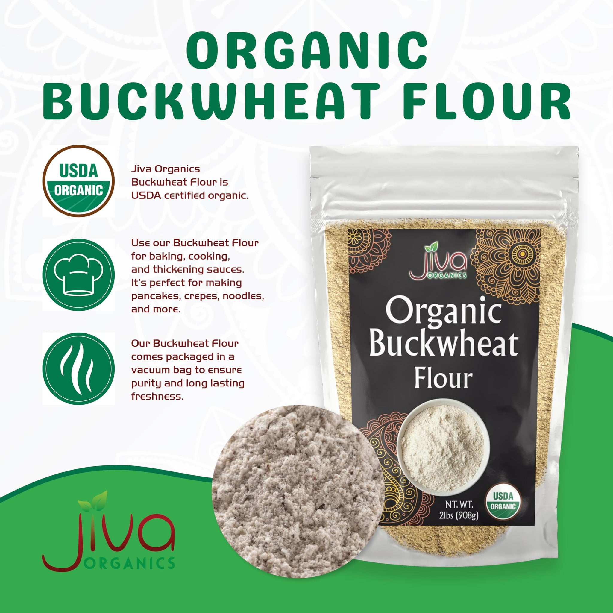 Jiva Organics Buckwheat Flour (Dark) 2 LB Bag - Vegan, Non-GMO, Kuttu, Earthy Flavor