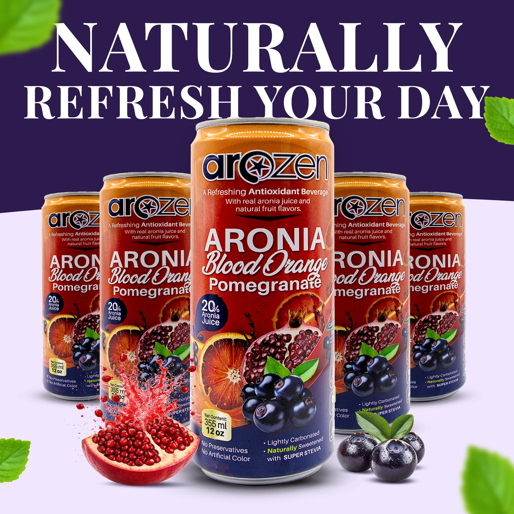 AROZEN Blood Orange Pomegranate Beverage, Antioxidant Energy Drink | Lightly Carbonated Citrus Wellness Drink with Green Tea Caffeine | Vegan Low