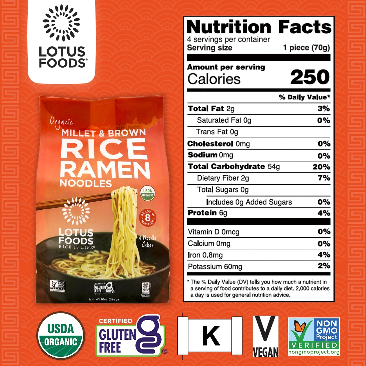 Lotus Foods Organic Millet & Brown Rice Ramen - Gluten Free Rice Ramen, Whole Grain Ramen Noodles, Low Sodium Rice Noodles, USDA Organic, Gluten Free