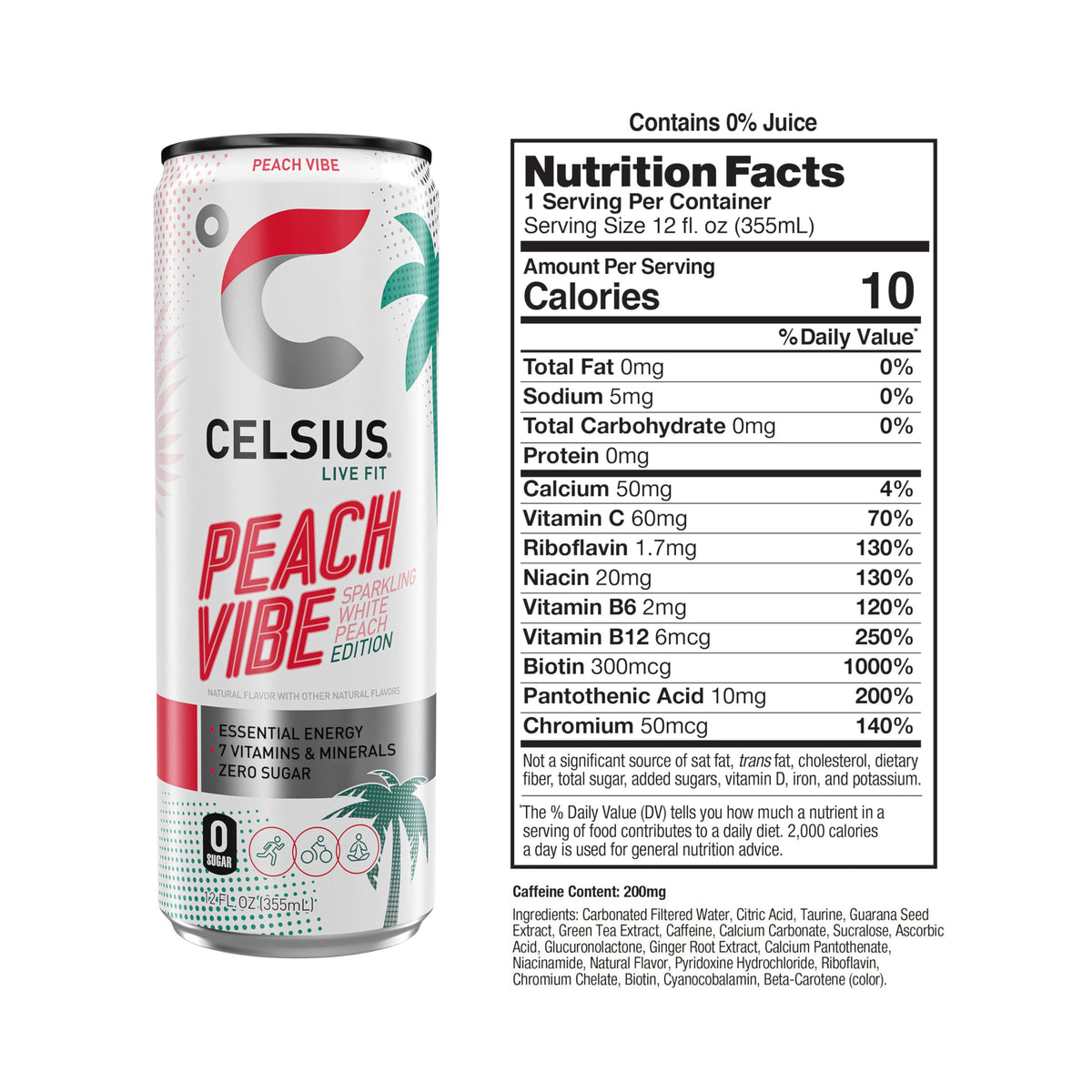 CELSIUS Sparkling Peach Vibe, Functional Essential Energy Drink 12 Fl Oz (Pack of 4)