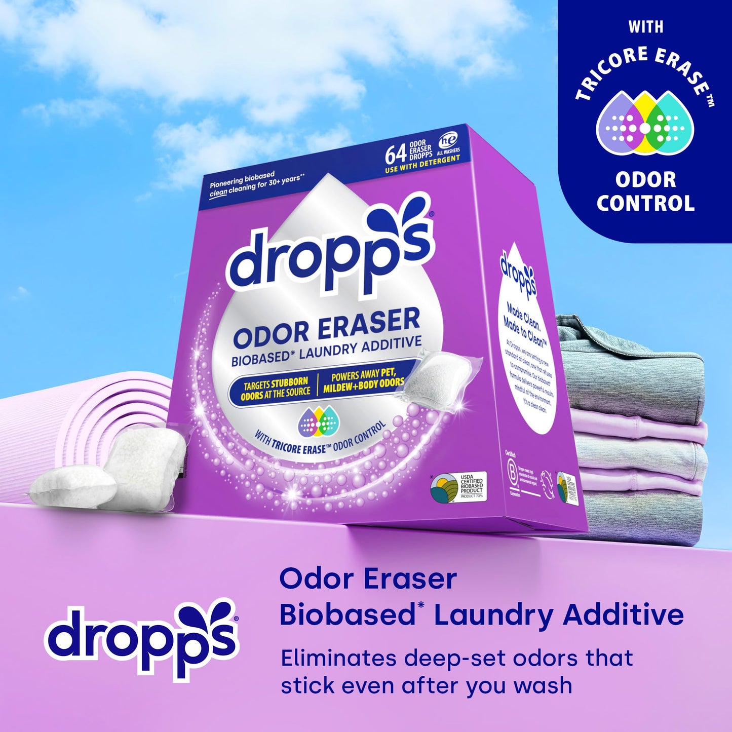 Dropps Odor Eraser Pods (64 Count) - Powered by TriCore Erase | Use With Detergent | Odor Remover | For Sweat, Musty Towels, Mildew, Pet & Body Odors