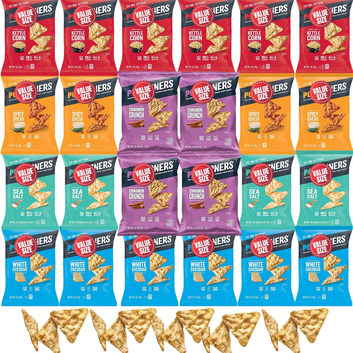 Pop-Cornners Snacks Gluten Free Chips, 5 Flavor Variety Pack 28 Count 1 oz Bags Packaged By Doomi, Individual Snack Bags in Sea Salt, White Cheddar