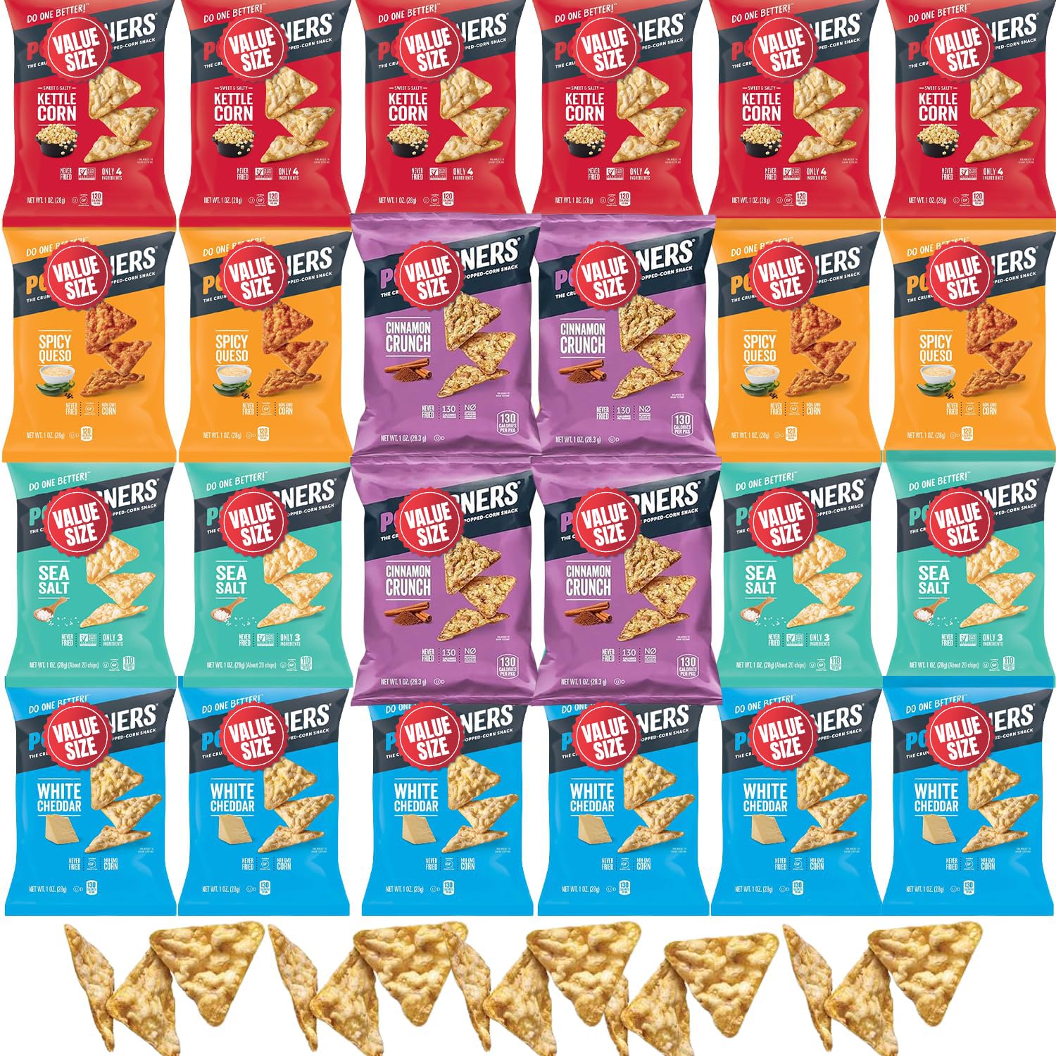 Pop-Cornners Snacks Gluten Free Chips, 5 Flavor Variety Pack 28 Count 1 oz Bags Packaged By Doomi, Individual Snack Bags in Sea Salt, White Cheddar