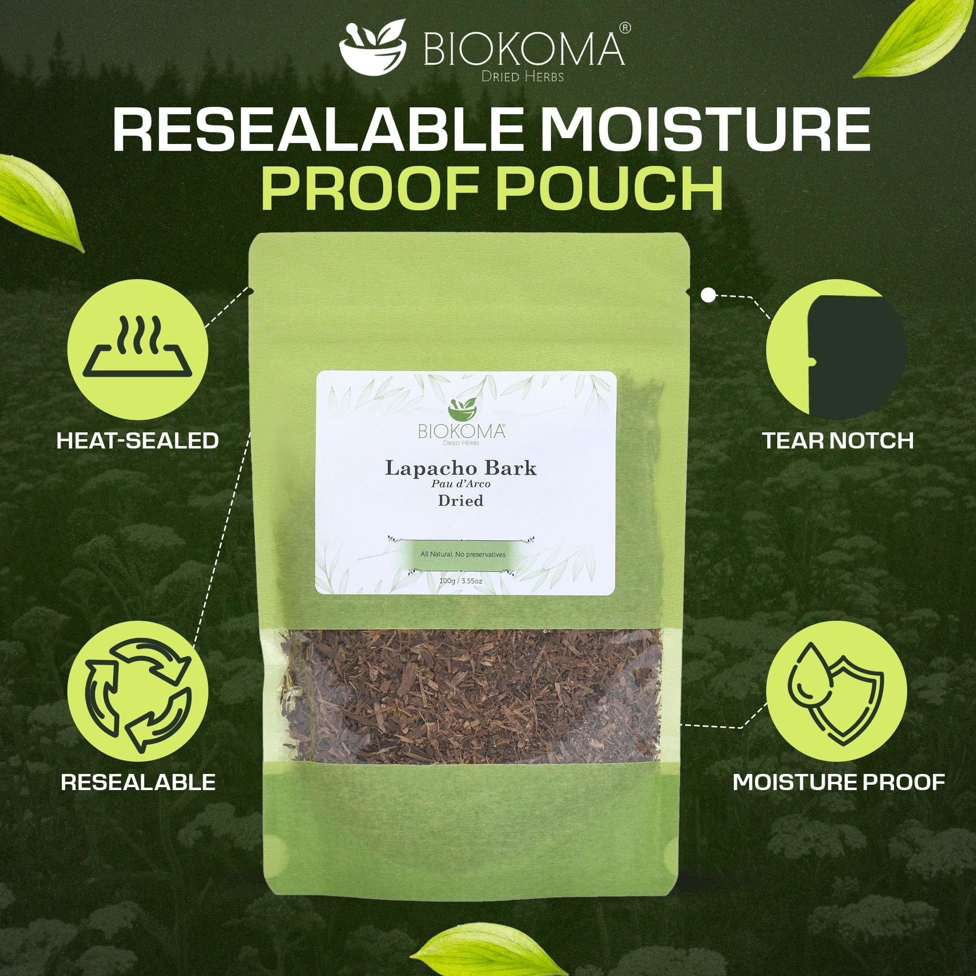 Biokoma Lapacho Bark Pau d'Arco Dried Herb 3.55 oz - Loose Pau d'Arco Herbal Tea Bark - Pure Natural Caffeine Free - No Additives - No Preservatives