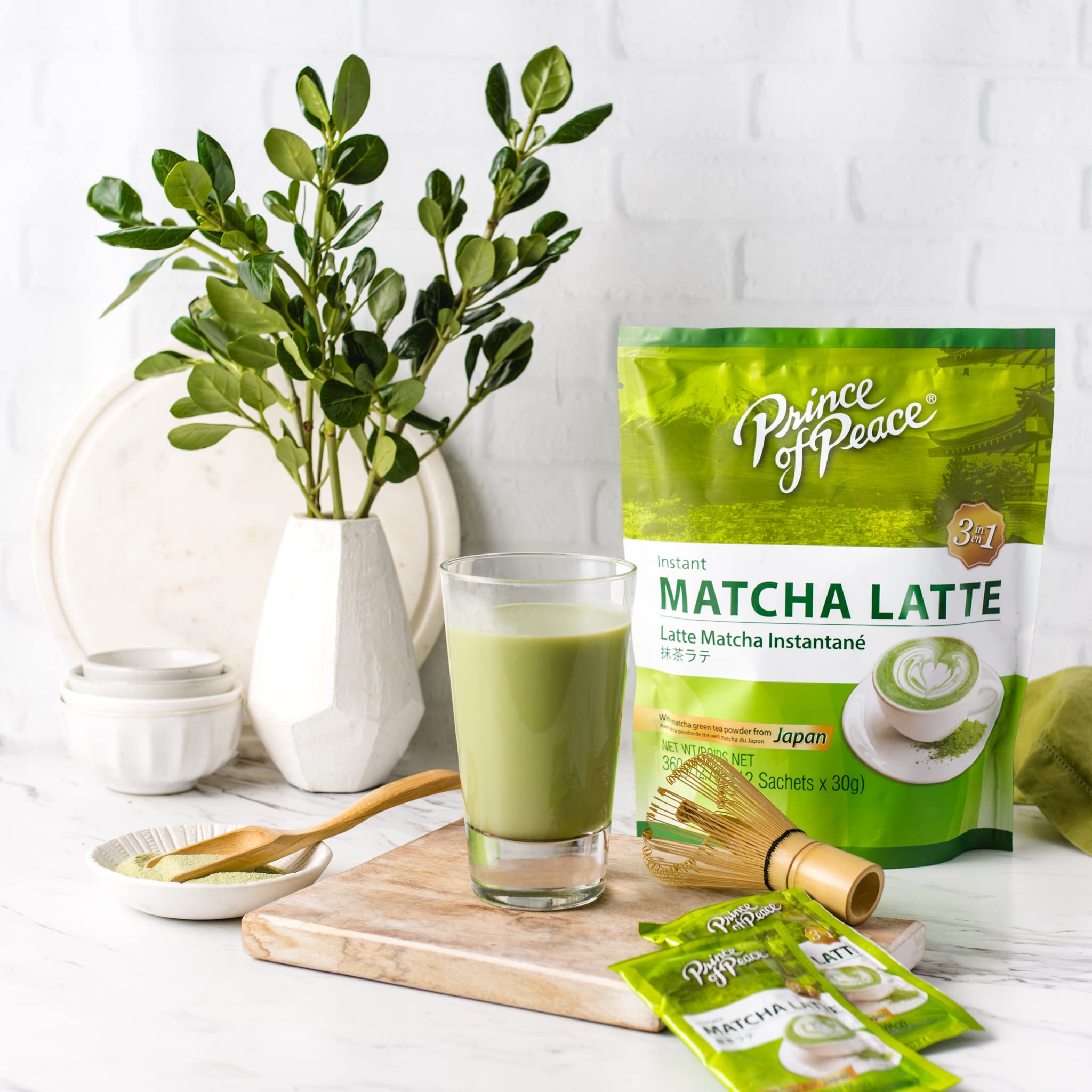 Prince of Peace 3 in 1 Matcha Latte Instant Beverage, 24 Sachets - Made with Matcha Powder from Japan - Instant Hot or Cold Beverage - Easy to Brew