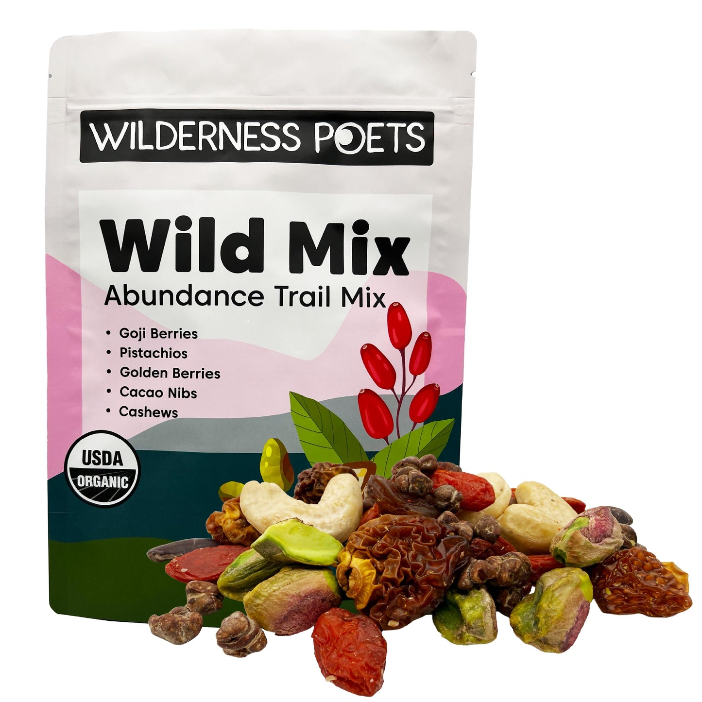 Wilderness Poets, Abundance Wild Mix - Organic Raw Superfood Blend (2 Pound) Cashew, Pistachio, Goji Berry, Cacao, Golden Raisin, Golden Berry Trail