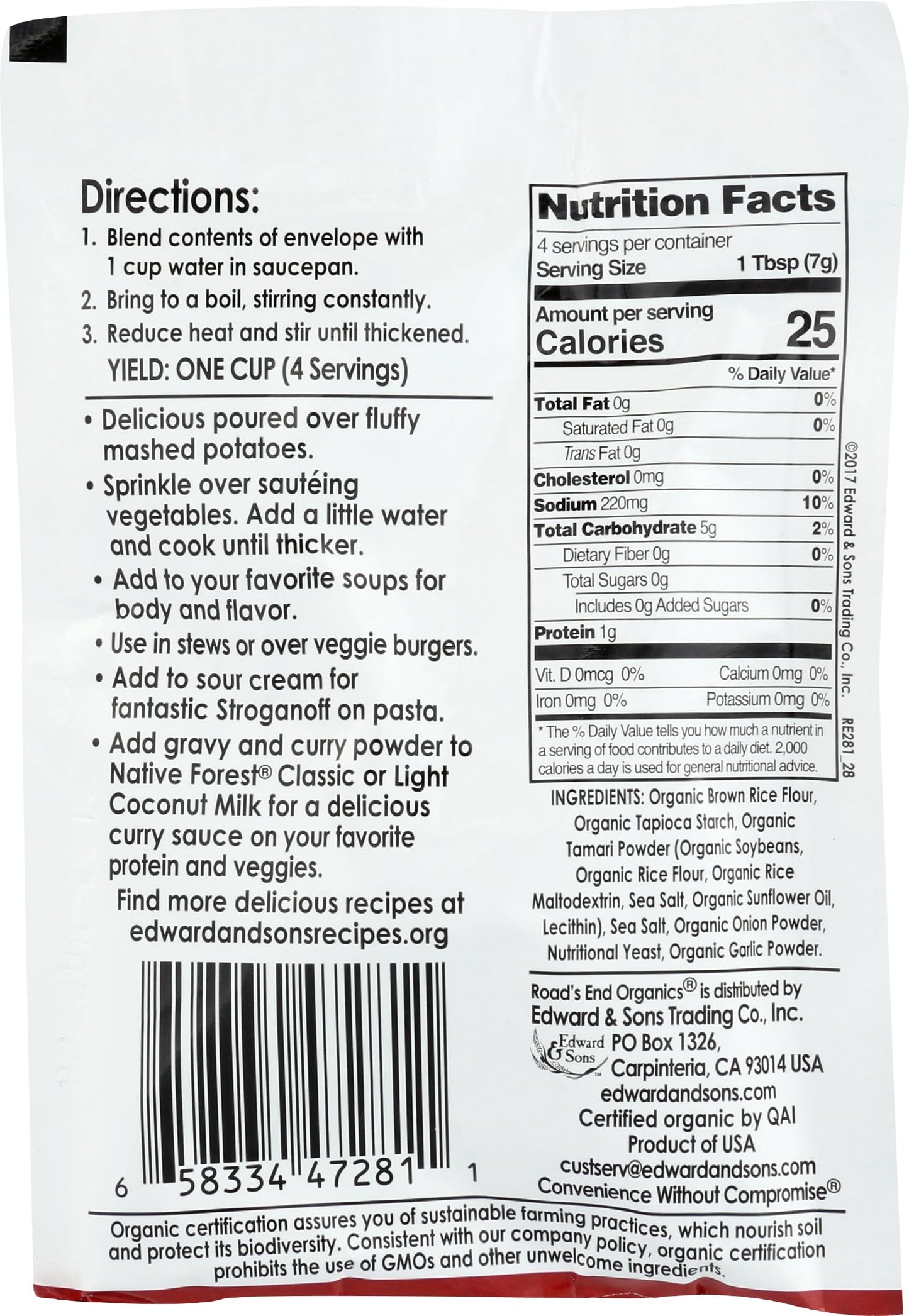 Roads End Organics, Gravy Mix Golden Gluten Free Dairy Free Organic, 1 Ounce