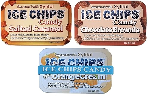 ICE CHIPS Xylitol Candy 3 Pack Assortment (Chocolate Brownie, Salted Caramel, Orange Cream)