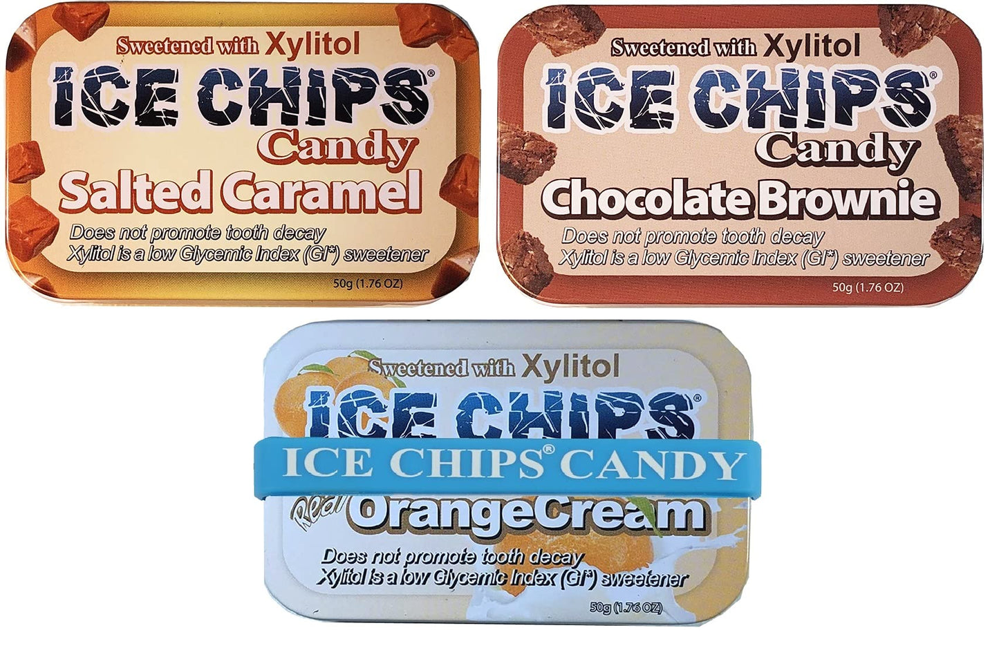 ICE CHIPS Xylitol Candy 3 Pack Assortment (Chocolate Brownie, Salted Caramel, Orange Cream)
