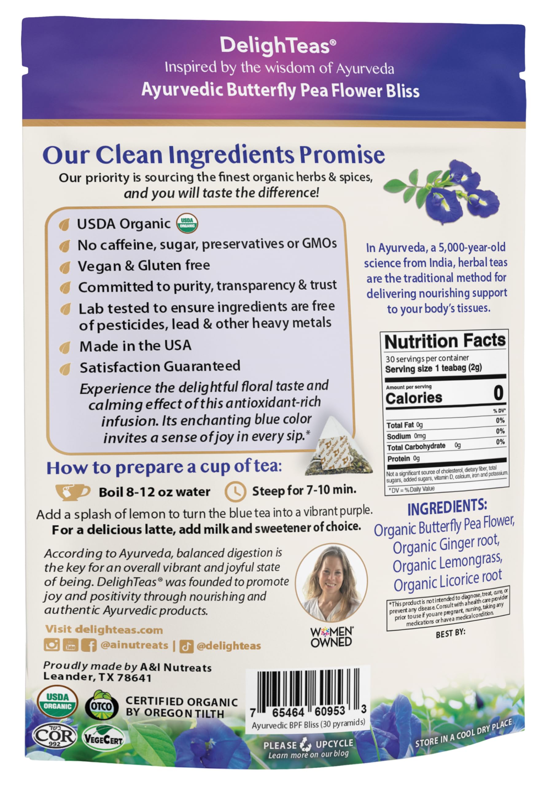 DelighTeas Organic Butterfly Pea Flower Bliss Tea | Eco-Conscious Pyramid Tea Bags | With Ginger, Lemongrass & Licorice | USDA Organic, Vegan