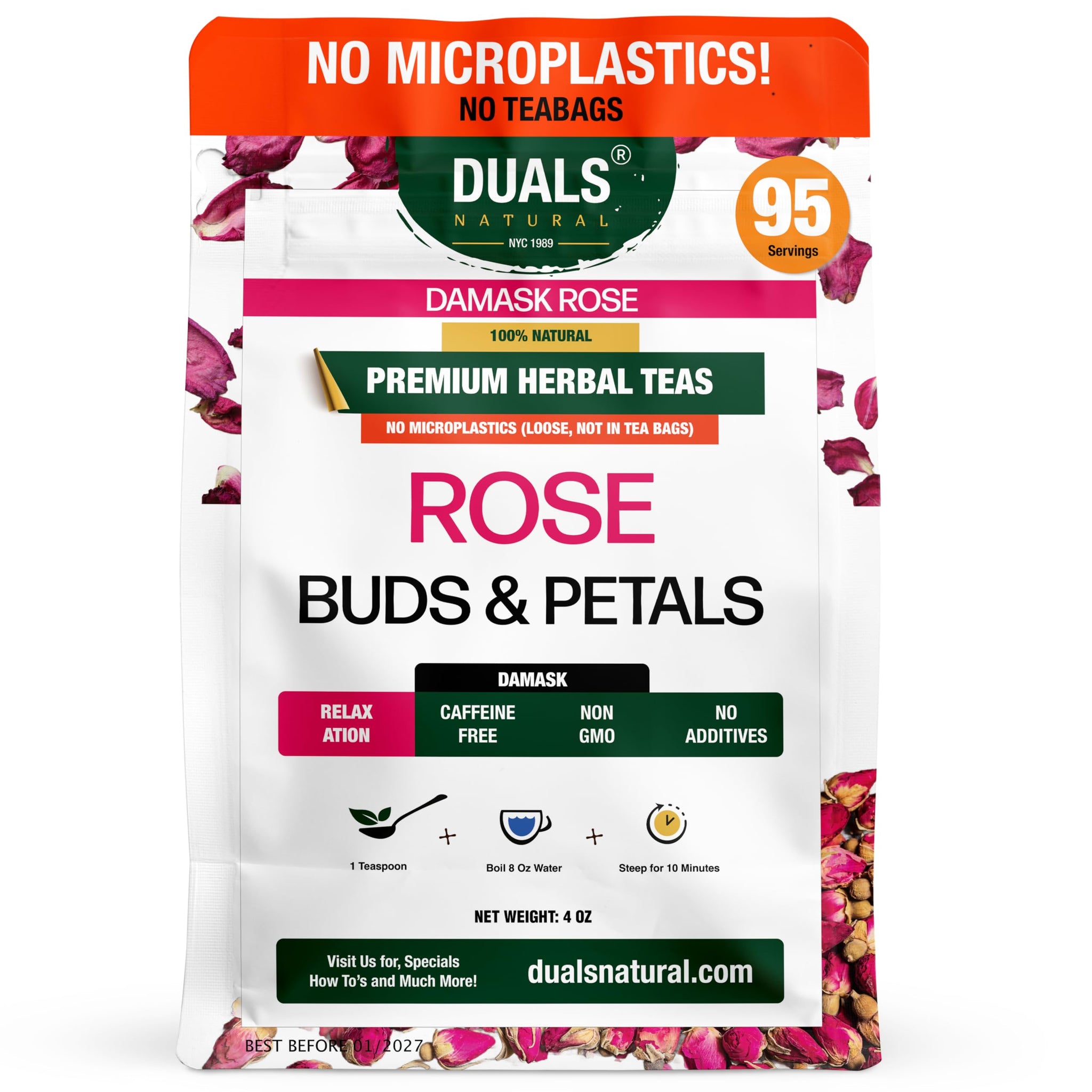 Edible Rose Buds & Petals - Damask Rose for Cooking, Baking, Rose Tea & Garnish - 100% Natural, Non-GMO, Caffeine-Free - 4oz, 95 Servings - Duals