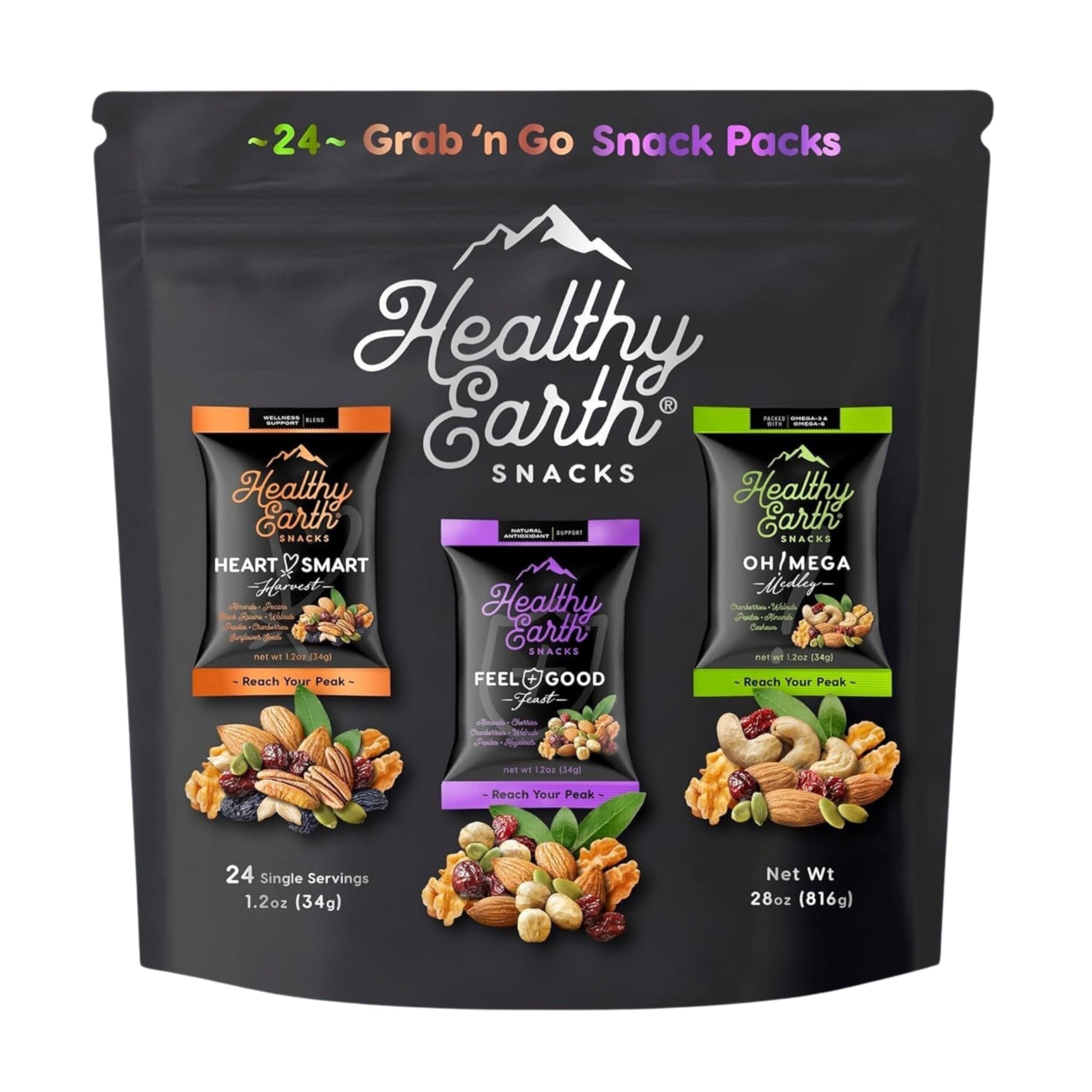 Healthy Earth Snacks 3 Flavors Variety Pack, 24 Count | Mixed Nuts & Dried Fruits Gourmet Snacks, Gluten-Free | 8 Packets Per Flavor: Heart Smart