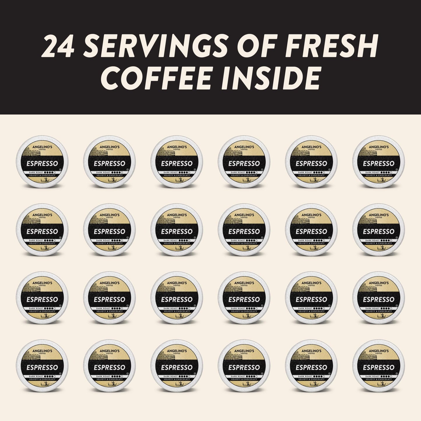Angelino's Coffee Espresso Dark Roast Coffee Pods, 24 Count - Bold Italian Style Blend, K Cup Compatible for Keurig - Dark Chocolate & Caramel Notes