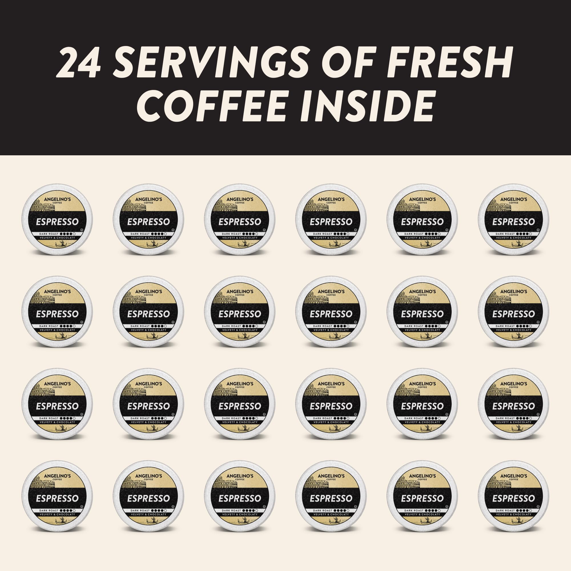 Angelino's Coffee Espresso Dark Roast Coffee Pods, 24 Count - Bold Italian Style Blend, K Cup Compatible for Keurig - Dark Chocolate & Caramel Notes