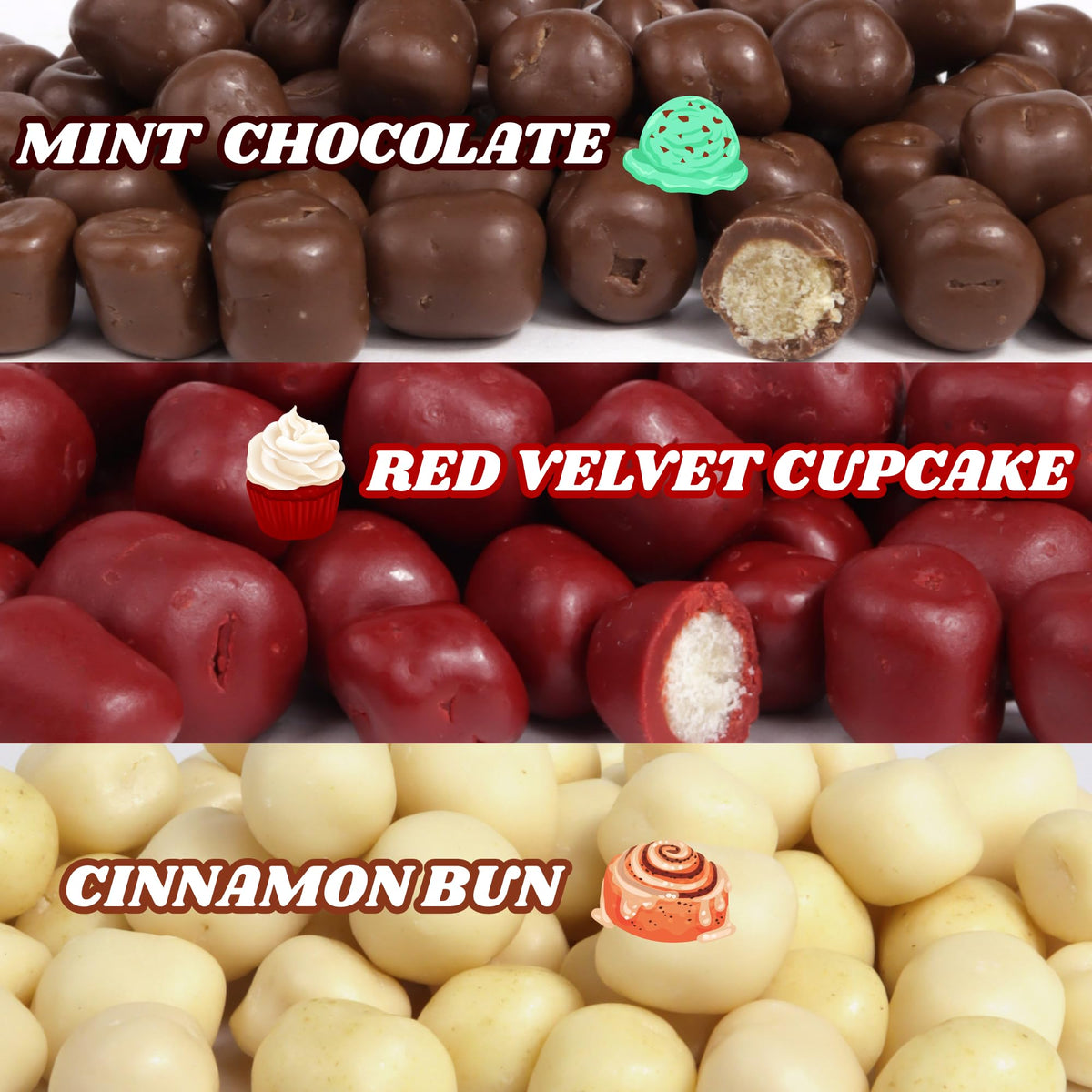 Dessert Cookie Dough Bites, Red Velvet Cupcake, Mint Chocolate, and Cinnamon Bun Flavors, Perfect Movie Night Candy, 3.1 Ounces (Pack of 3)