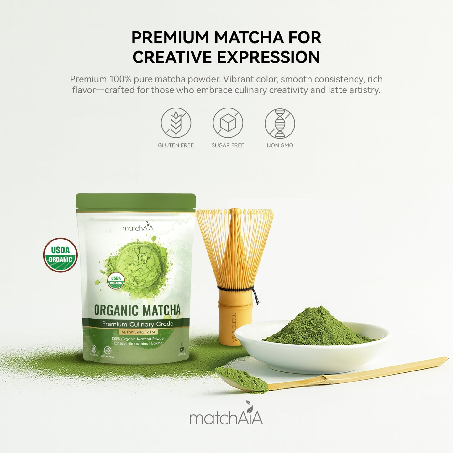 MatchAiA Organic Matcha Green Tea Powder - Premium Culinary Grade, USDA Certified, 100% Pure - Perfect for Lattes, Smoothies, Desserts and Baking