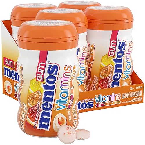 Mentos Gum with Vitamins, Sugar Free Chewing Gum with Xylitol, Citrus Flavor, Vitamins B6, B12 and C, Bottle of 45 (Bulk Pack of 4)