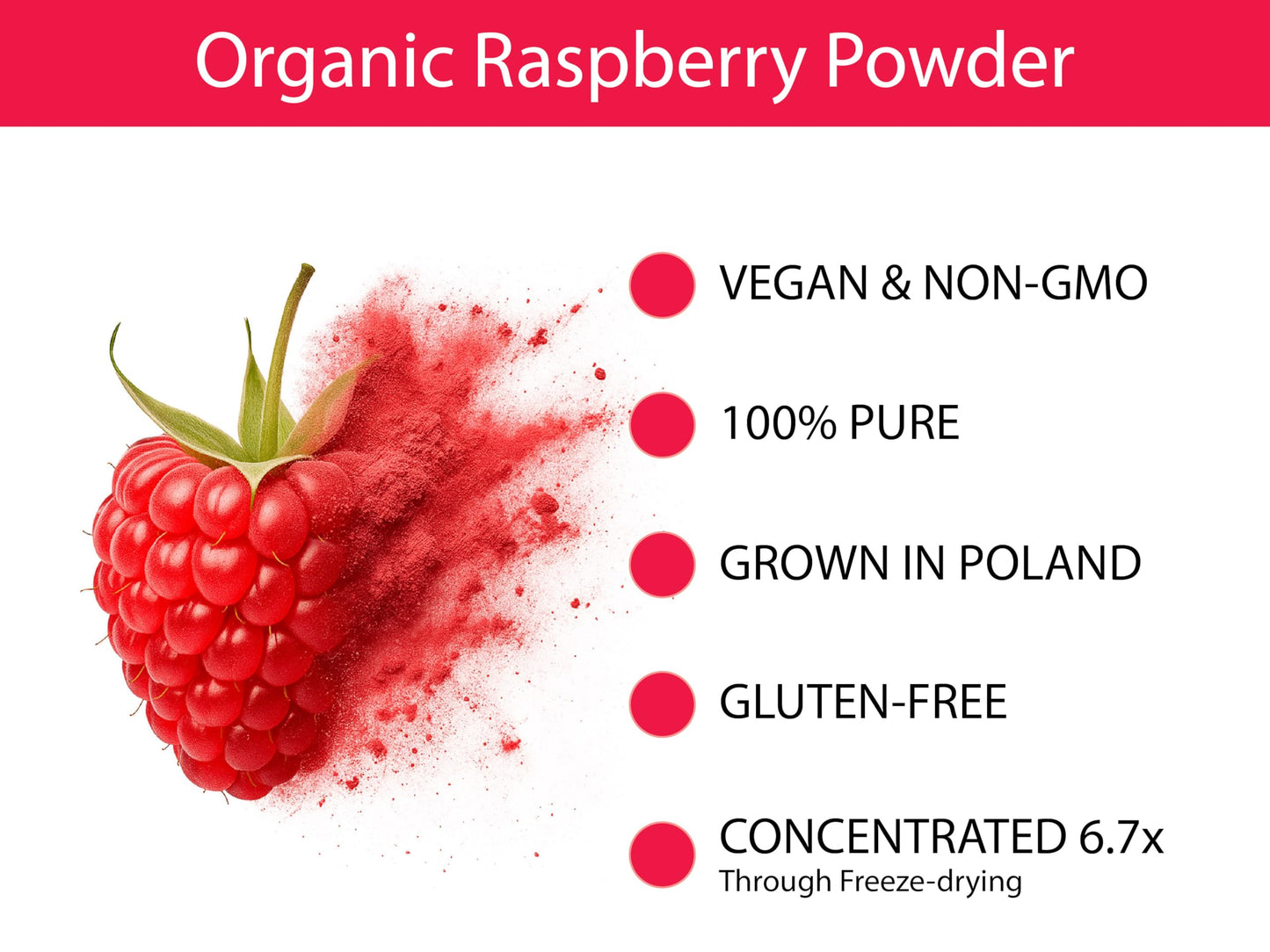 KOYAH - Organic Raspberry Powder 30 Servings (1 Scoop = 15 Raspberries), Freeze-Dried, Whole-Berry Powder, Equivalent to 450 Raspberries