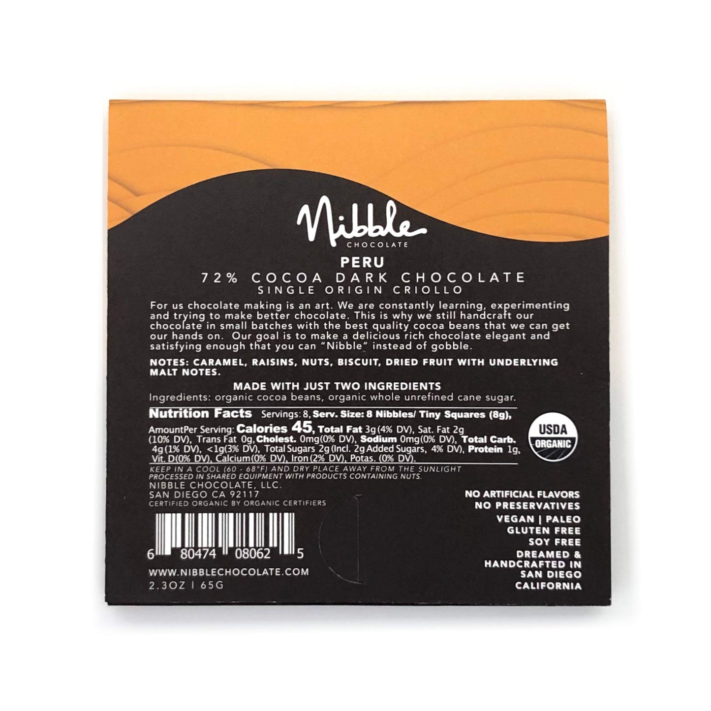 Nibble Chocolate Peru 72% | 3 Pack | Certified Organic | Vegan | 2 Ingredients | Gluten & Soy Free |