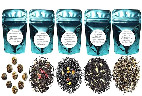 5 Black Tea Samplers, Caffeinated, Sweet Black Tea (No Sugar Added), Dragon Pearls Tea, Golden Monkey Tea, Ginger Peach Tea, Strawberry Blueberry Tea