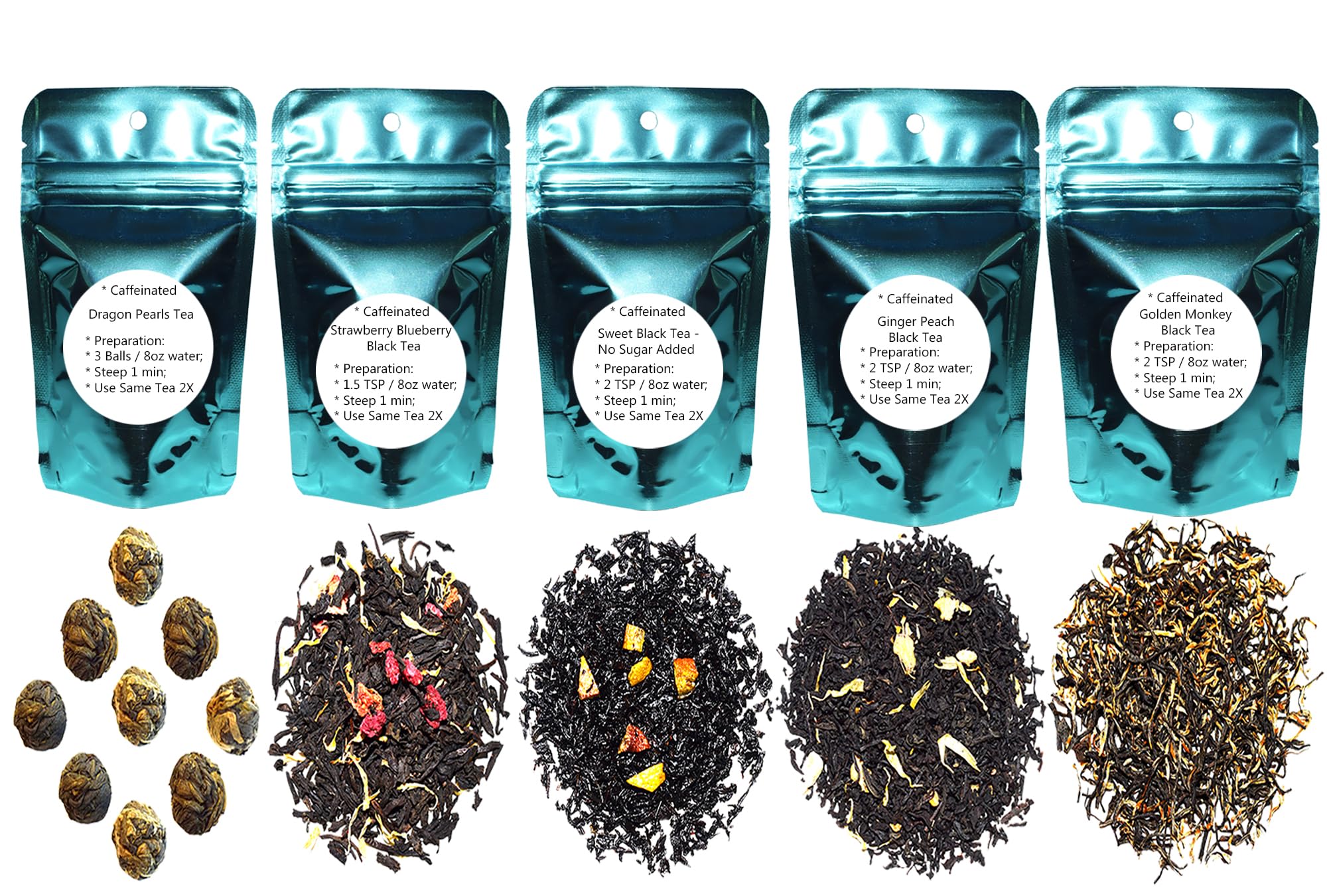 5 Black Tea Samplers, Caffeinated, Sweet Black Tea (No Sugar Added), Dragon Pearls Tea, Golden Monkey Tea, Ginger Peach Tea, Strawberry Blueberry Tea