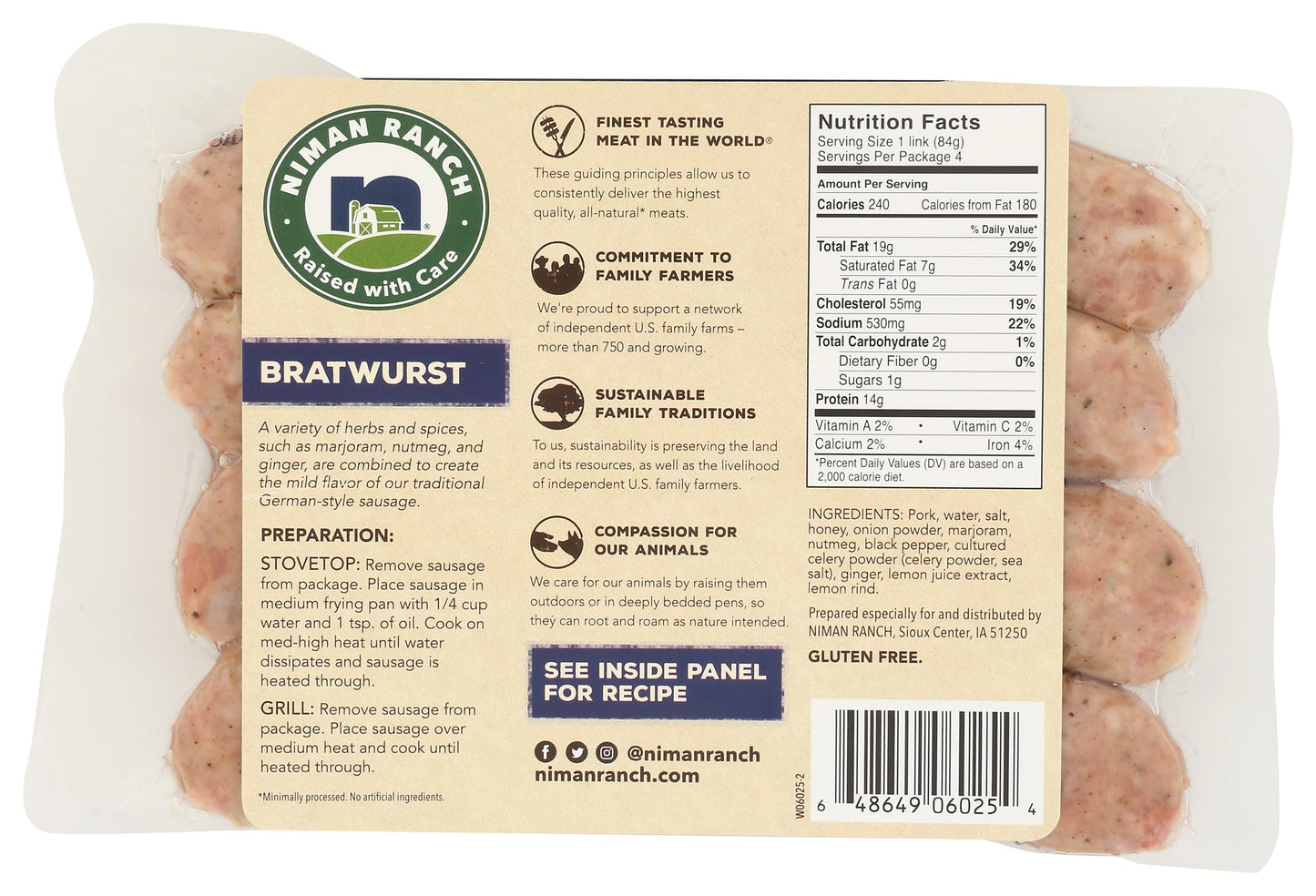 Niman Ranch, Sausage Bratwurst Pork, 12 Ounce