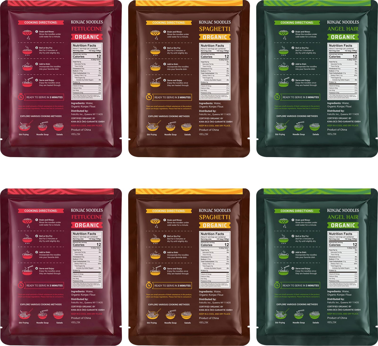 52USA USDA Organic Konjac Shirataki Noodle, Low Carb Pasta 52.8 Oz, 6 Pack 3 Variety-Angel Hair, Fettuccine, Spaghetti Noodles, Keto and Paleo