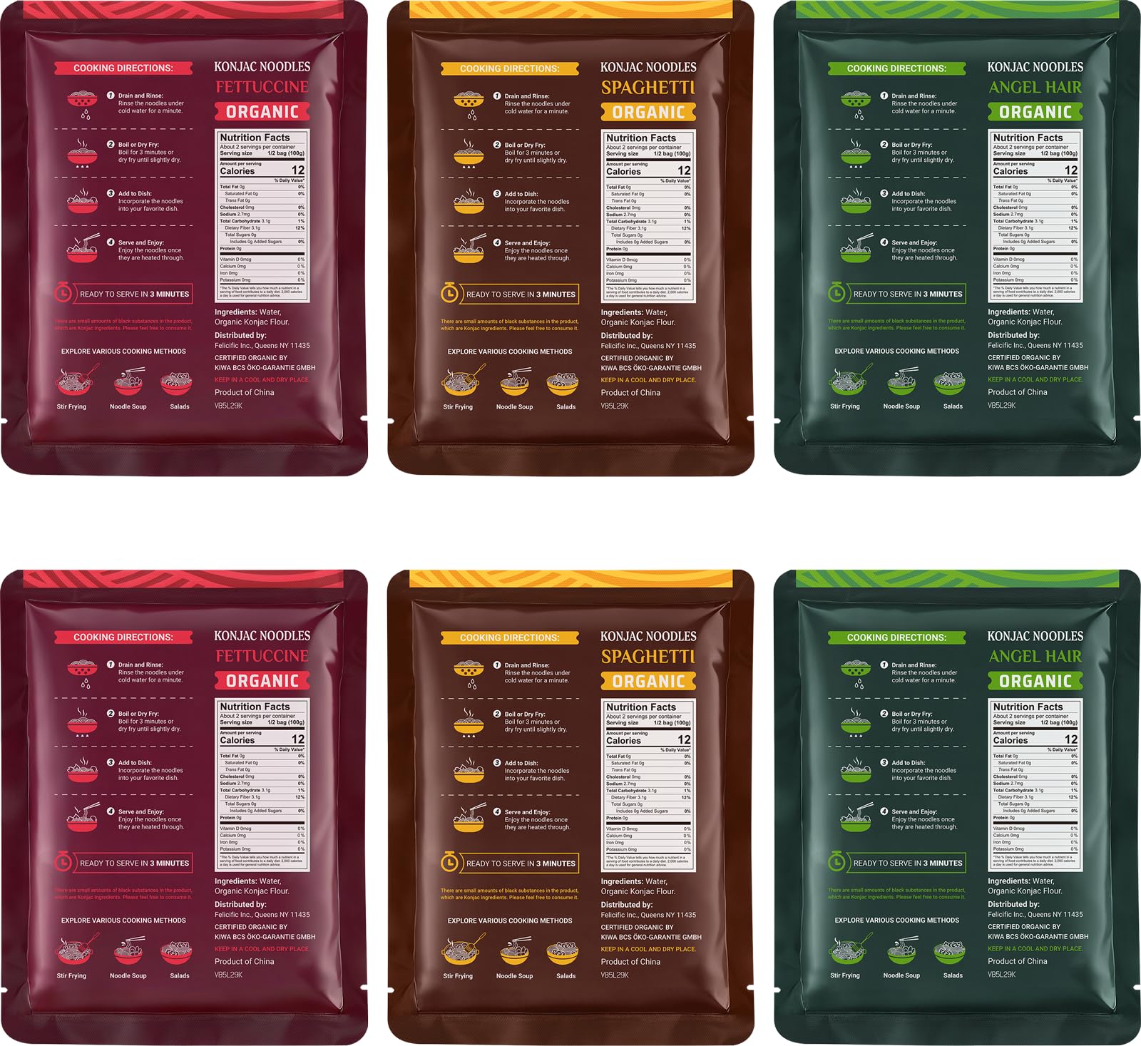 52USA USDA Organic Konjac Shirataki Noodle, Low Carb Pasta 52.8 Oz, 6 Pack 3 Variety-Angel Hair, Fettuccine, Spaghetti Noodles, Keto and Paleo