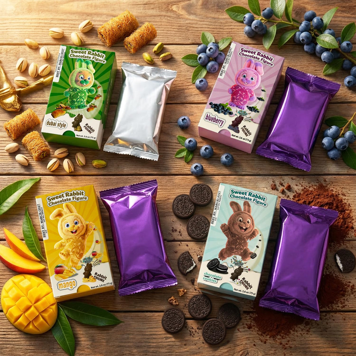 Dubai Chocolate Bars - Dubai Style - Cookies - Mango - Blueberry Flavors - 4x75g
