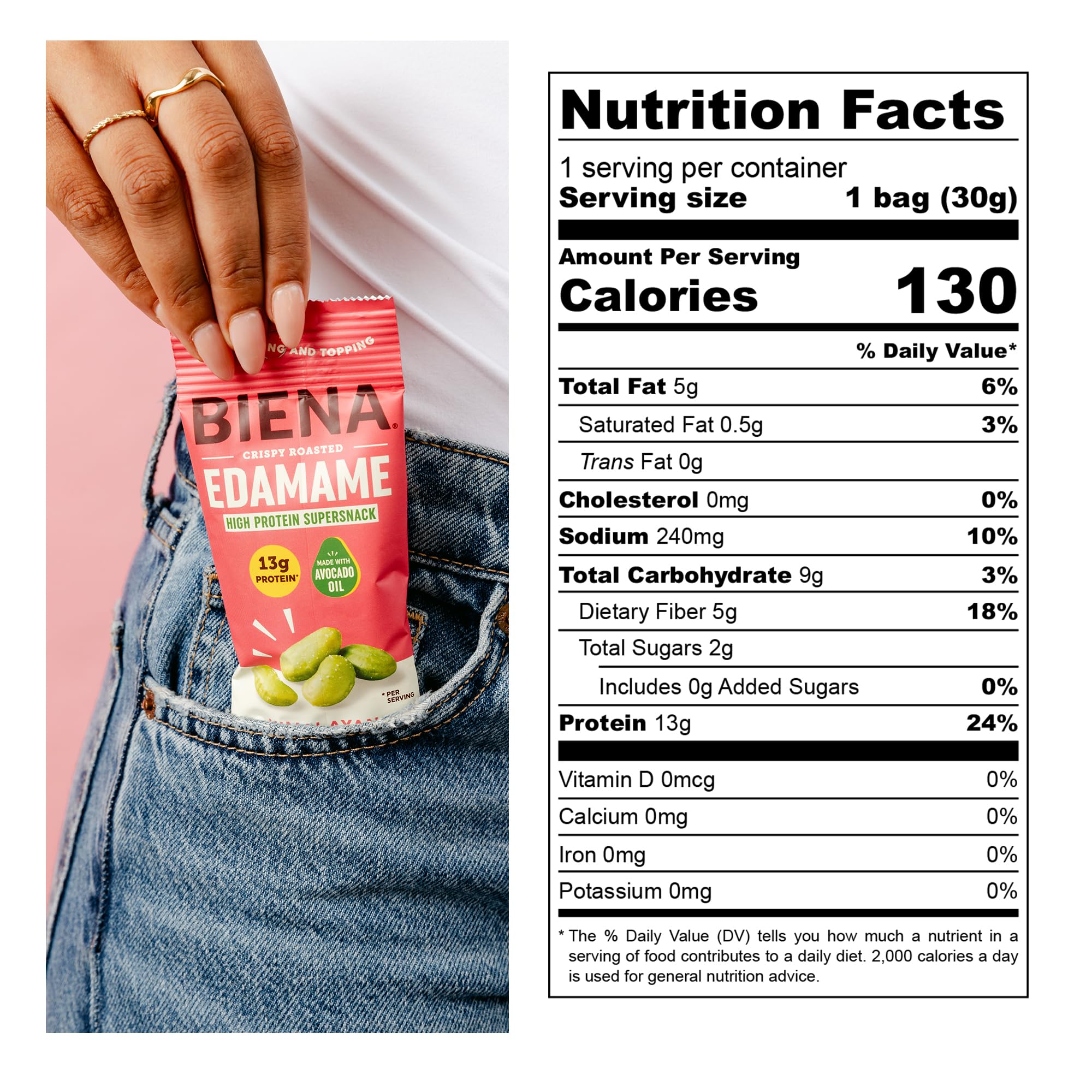 Biena Edamame Beans Snack High Protein Snacks - Healthy Office Snacks For Adults and Kids, 13g of Protein, 130 Low Calorie, Crunchy Edamame, Vegan