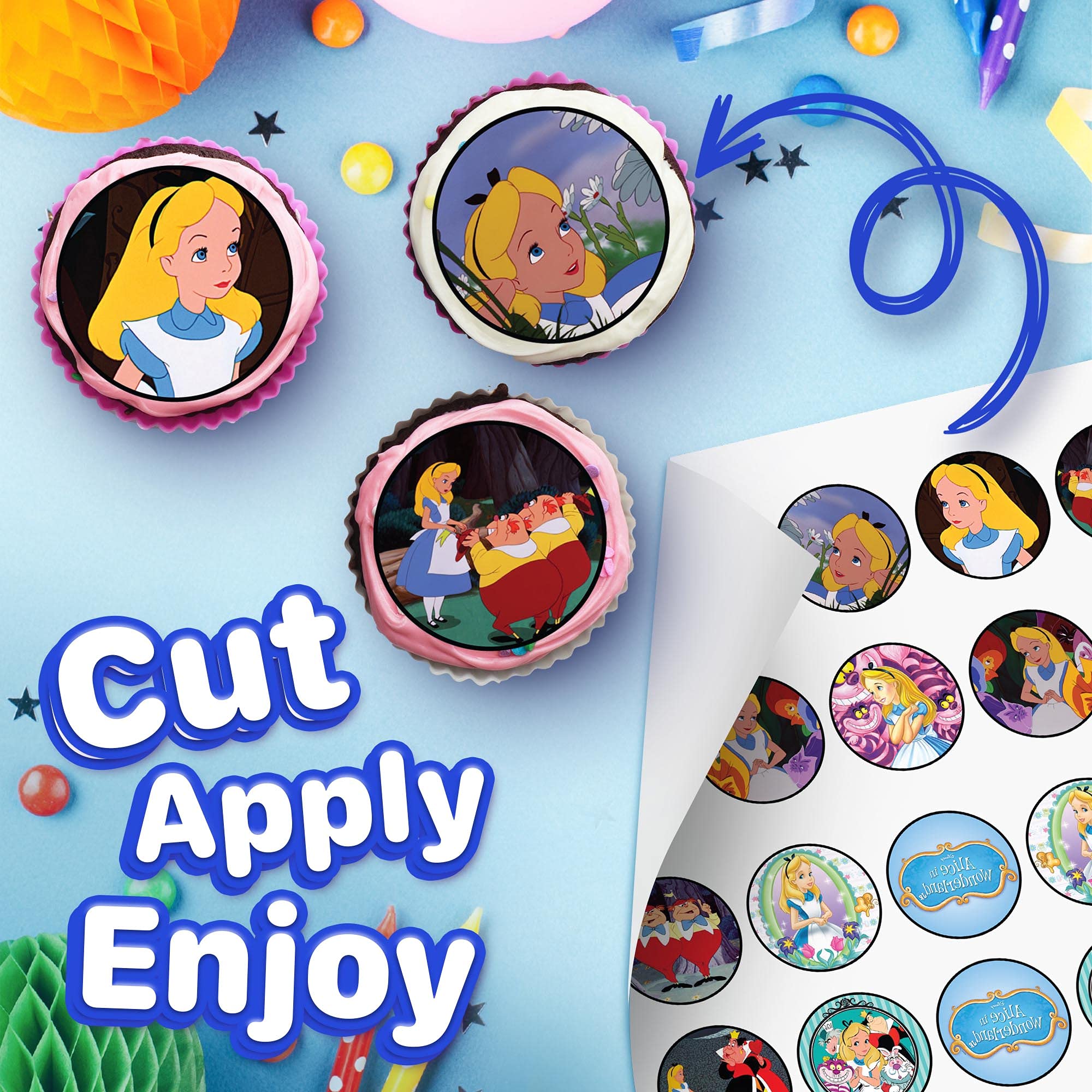 HAPPY CHOICES 30 x Edible Cupcake Toppers Themed of Alice in Wonderland Collection of Edible Cake Decorations | Uncut Edible on Icing Sheet