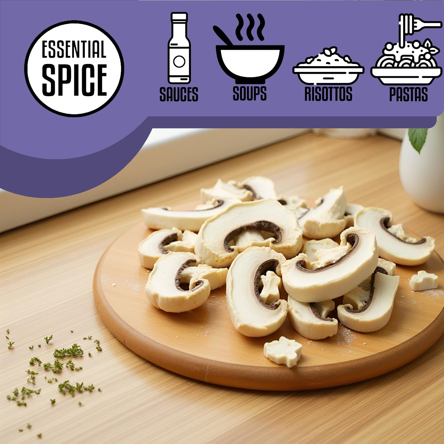 Essential Spice Dried Sliced White Button Mushrooms - Premium Quality, Mild & Savory Flavor - Ideal for Soups, Sauces, Stir-Fries & Pasta - Easy