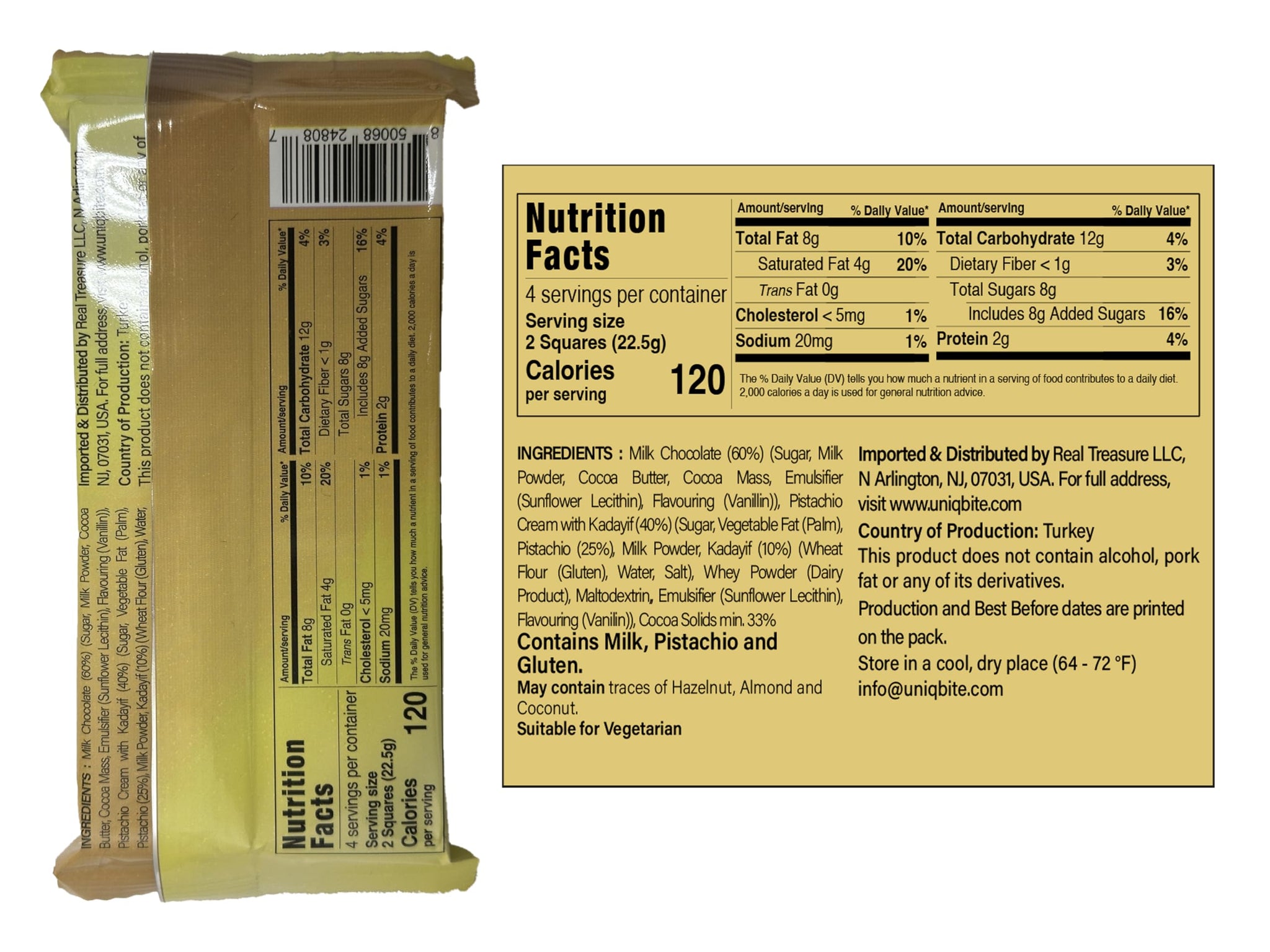 2 PACK Dubai Chocolate Bar Pistachio, 6.34 Oz, Milk Chocolate Bar with Pistachio Cream and Kataifi (Total 180g)