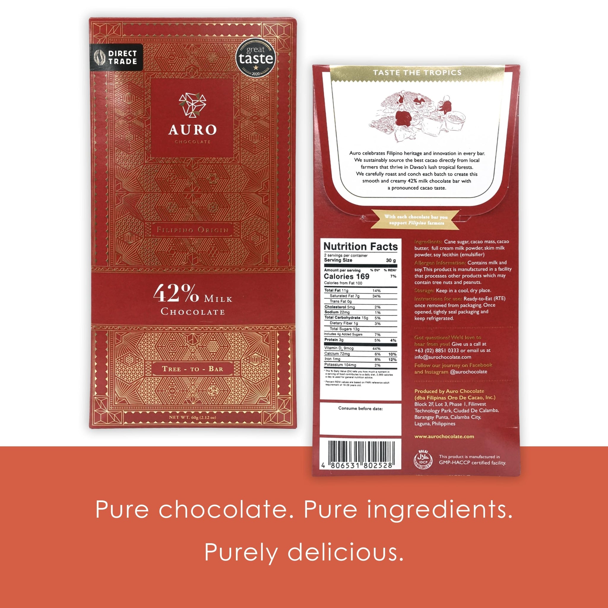 Auro 42% Milk Chocolate 3 Pack - Filipino Chocolate - Premium, Made At Origin, Direct Trade, Bean-to-Bar, Woman Owned, BIPOC Owned - Gluten-Free